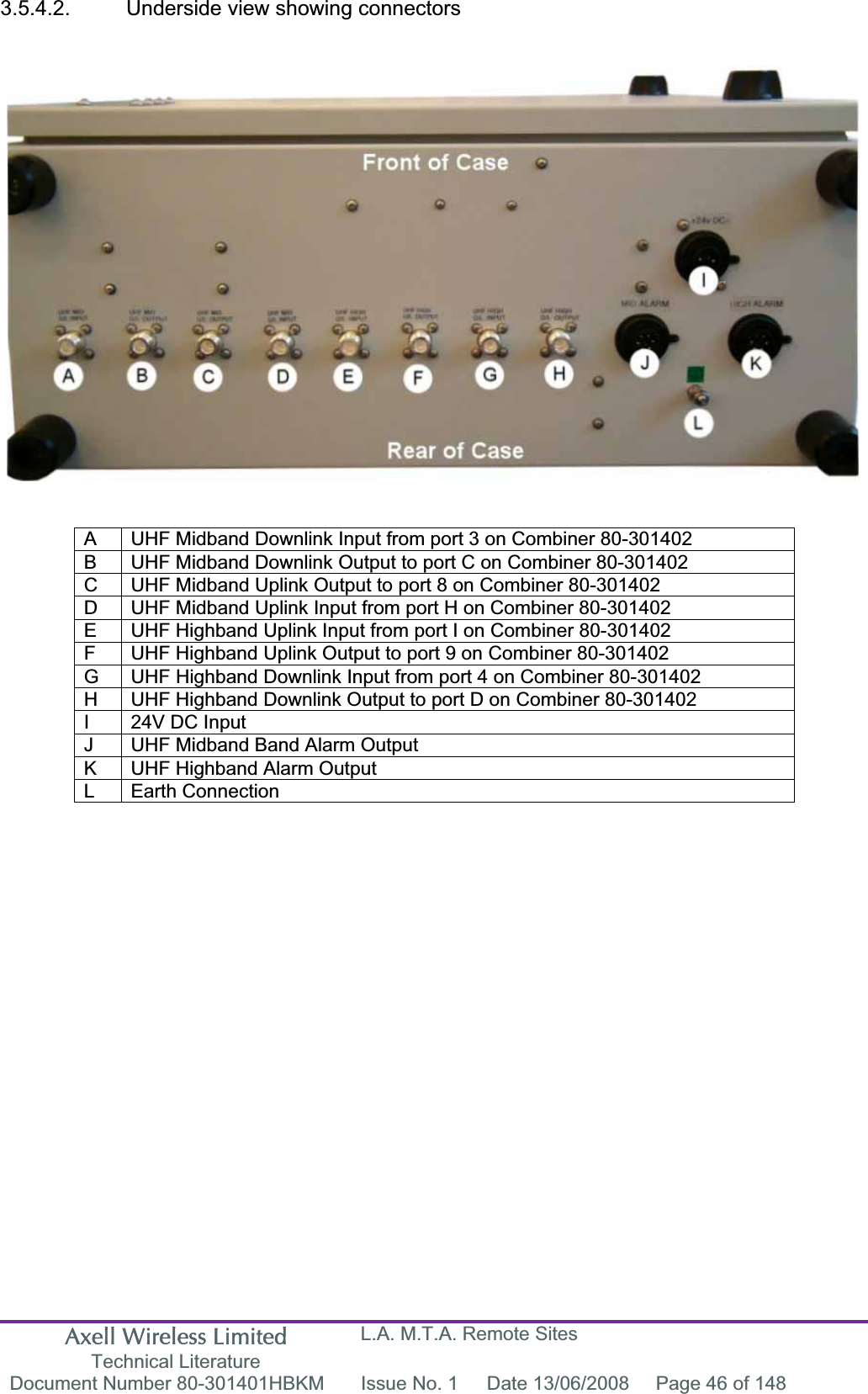 Axell Wireless Limited Technical Literature L.A. M.T.A. Remote Sites Document Number 80-301401HBKM  Issue No. 1  Date 13/06/2008  Page 46 of 148 3.5.4.2.  Underside view showing connectors A  UHF Midband Downlink Input from port 3 on Combiner 80-301402 B  UHF Midband Downlink Output to port C on Combiner 80-301402 C  UHF Midband Uplink Output to port 8 on Combiner 80-301402 D  UHF Midband Uplink Input from port H on Combiner 80-301402 E  UHF Highband Uplink Input from port I on Combiner 80-301402 F  UHF Highband Uplink Output to port 9 on Combiner 80-301402 G  UHF Highband Downlink Input from port 4 on Combiner 80-301402 H  UHF Highband Downlink Output to port D on Combiner 80-301402 I  24V DC Input J  UHF Midband Band Alarm Output K  UHF Highband Alarm Output L Earth Connection 