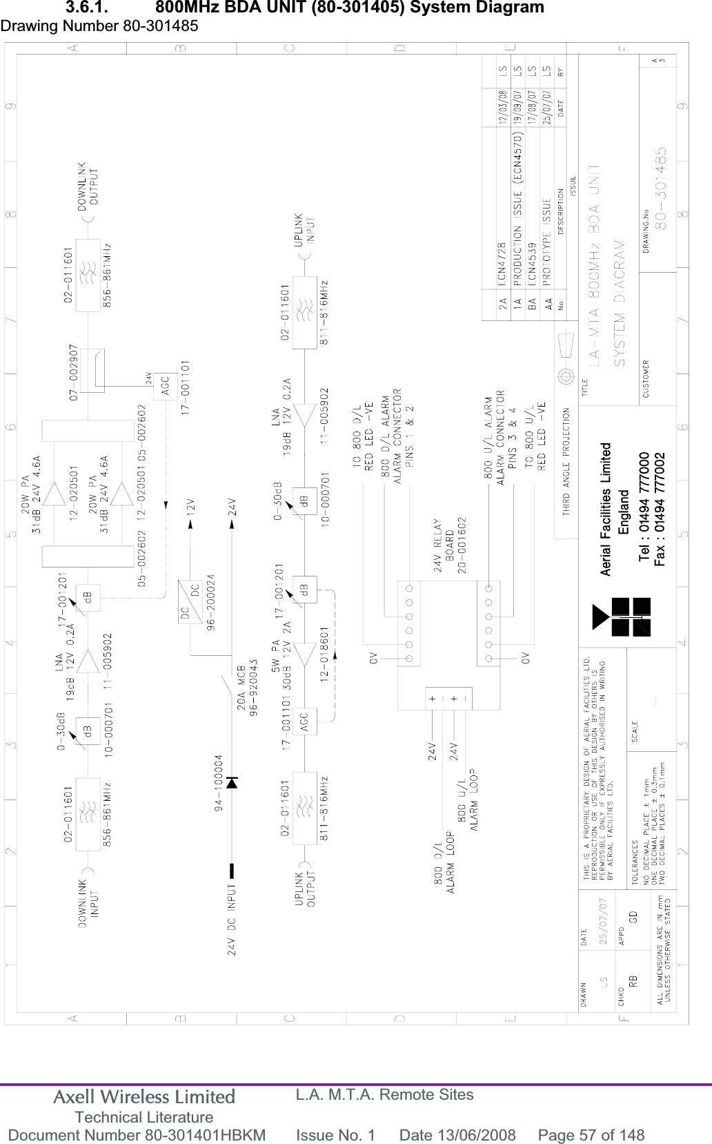 Axell Wireless Limited Technical Literature L.A. M.T.A. Remote Sites Document Number 80-301401HBKM  Issue No. 1  Date 13/06/2008  Page 57 of 148 3.6.1.  800MHz BDA UNIT (80-301405) System Diagram  Drawing Number 80-301485 