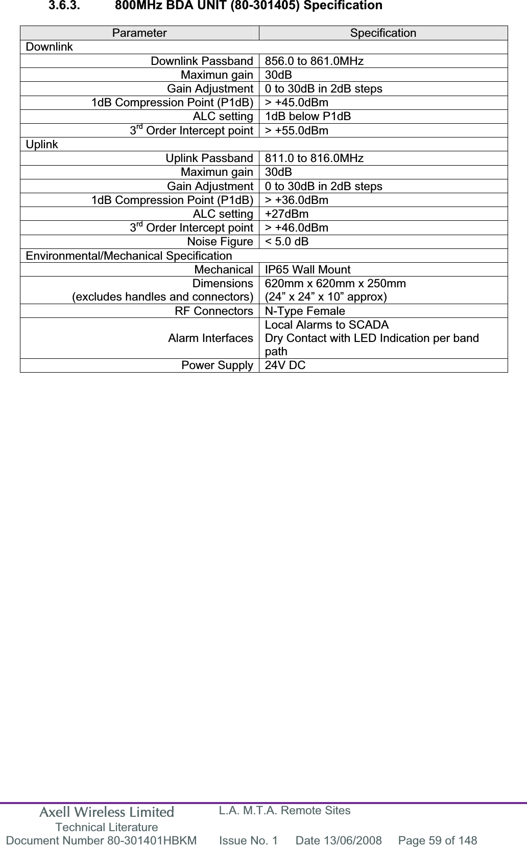 Axell Wireless Limited Technical Literature L.A. M.T.A. Remote Sites Document Number 80-301401HBKM  Issue No. 1  Date 13/06/2008  Page 59 of 148 3.6.3.  800MHz BDA UNIT (80-301405) SpecificationParameter SpecificationDownlinkDownlink Passband 856.0 to 861.0MHz Maximun gain 30dB Gain Adjustment 0 to 30dB in 2dB steps 1dB Compression Point (P1dB) &gt; +45.0dBm ALC setting 1dB below P1dB 3rd Order Intercept point &gt; +55.0dBm UplinkUplink Passband 811.0 to 816.0MHz Maximun gain 30dB Gain Adjustment 0 to 30dB in 2dB steps 1dB Compression Point (P1dB) &gt; +36.0dBm ALC setting +27dBm 3rd Order Intercept point &gt; +46.0dBm Noise Figure &lt; 5.0 dB Environmental/Mechanical SpecificationMechanical IP65 Wall Mount  Dimensions(excludes handles and connectors)620mm x 620mm x 250mm (24” x 24” x 10” approx) RF Connectors N-Type Female  Alarm InterfacesLocal Alarms to SCADADry Contact with LED Indication per band pathPower Supply 24V DC 