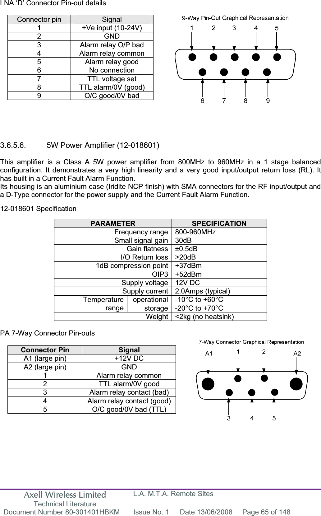 Axell Wireless Limited Technical Literature L.A. M.T.A. Remote Sites Document Number 80-301401HBKM  Issue No. 1  Date 13/06/2008  Page 65 of 148 LNA ‘D’ Connector Pin-out details Connector pin  Signal1  +Ve input (10-24V) 2 GND 3  Alarm relay O/P bad 4  Alarm relay common 5  Alarm relay good 6 No connection 7  TTL voltage set 8  TTL alarm/0V (good) 9  O/C good/0V bad 3.6.5.6.  5W Power Amplifier (12-018601) This amplifier is a Class A 5W power amplifier from 800MHz to 960MHz in a 1 stage balanced configuration. It demonstrates a very high linearity and a very good input/output return loss (RL). It has built in a Current Fault Alarm Function. Its housing is an aluminium case (Iridite NCP finish) with SMA connectors for the RF input/output and a D-Type connector for the power supply and the Current Fault Alarm Function. 12-018601 Specification PARAMETER SPECIFICATIONFrequency range 800-960MHz Small signal gain 30dB Gain flatness ±0.5dB I/O Return loss &gt;20dB 1dB compression point +37dBm OIP3 +52dBm Supply voltage 12V DC Supply current 2.0Amps (typical) operational -10°C to +60°C Temperaturerange storage -20°C to +70°C Weight &lt;2kg (no heatsink) PA 7-Way Connector Pin-outs Connector Pin  SignalA1 (large pin)  +12V DC A2 (large pin)  GND 1  Alarm relay common 2  TTL alarm/0V good 3  Alarm relay contact (bad) 4  Alarm relay contact (good) 5  O/C good/0V bad (TTL) 