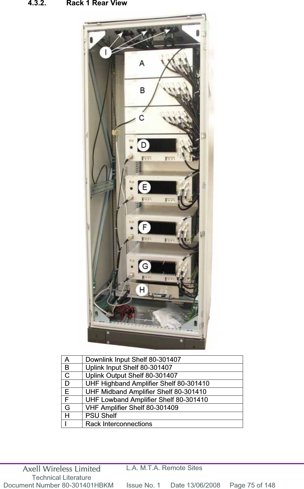 Axell Wireless Limited Technical Literature L.A. M.T.A. Remote Sites Document Number 80-301401HBKM  Issue No. 1  Date 13/06/2008  Page 75 of 148 4.3.2.  Rack 1 Rear View A  Downlink Input Shelf 80-301407 B  Uplink Input Shelf 80-301407 C  Uplink Output Shelf 80-301407 D  UHF Highband Amplifier Shelf 80-301410 E  UHF Midband Amplifier Shelf 80-301410 F  UHF Lowband Amplifier Shelf 80-301410 G  VHF Amplifier Shelf 80-301409 H PSU Shelf I Rack Interconnections 