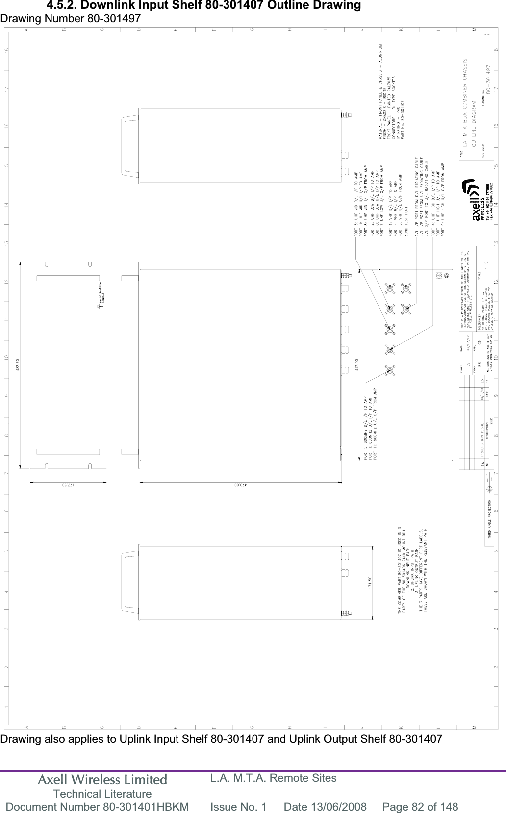 Axell Wireless Limited Technical Literature L.A. M.T.A. Remote Sites Document Number 80-301401HBKM  Issue No. 1  Date 13/06/2008  Page 82 of 148 4.5.2. Downlink Input Shelf 80-301407 Outline Drawing Drawing Number 80-301497 Drawing also applies to Uplink Input Shelf 80-301407 and Uplink Output Shelf 80-301407 