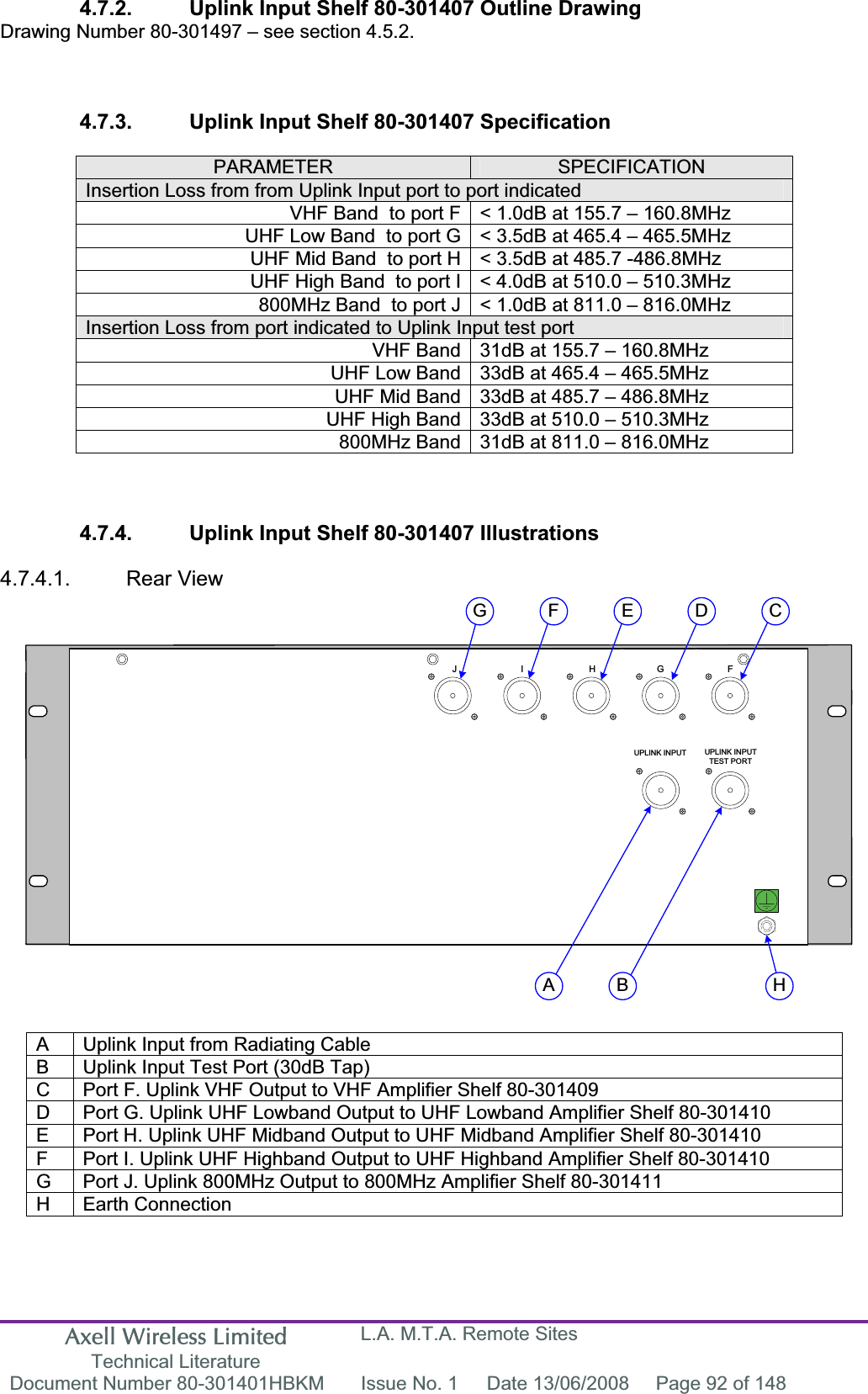 Axell Wireless Limited Technical Literature L.A. M.T.A. Remote Sites Document Number 80-301401HBKM  Issue No. 1  Date 13/06/2008  Page 92 of 148 UPLINK INPUT UPLINK INPUTTEST PORTFGHIJA B HCDEFG4.7.2.  Uplink Input Shelf 80-301407 Outline Drawing Drawing Number 80-301497 – see section 4.5.2. 4.7.3.  Uplink Input Shelf 80-301407 Specification PARAMETER SPECIFICATIONInsertion Loss from from Uplink Input port to port indicatedVHF Band  to port F &lt; 1.0dB at 155.7 – 160.8MHz UHF Low Band  to port G &lt; 3.5dB at 465.4 – 465.5MHz UHF Mid Band  to port H &lt; 3.5dB at 485.7 -486.8MHz UHF High Band  to port I &lt; 4.0dB at 510.0 – 510.3MHz 800MHz Band  to port J &lt; 1.0dB at 811.0 – 816.0MHz  Insertion Loss from port indicated to Uplink Input test port VHF Band 31dB at 155.7 – 160.8MHz UHF Low Band 33dB at 465.4 – 465.5MHz UHF Mid Band 33dB at 485.7 – 486.8MHz UHF High Band 33dB at 510.0 – 510.3MHz 800MHz Band 31dB at 811.0 – 816.0MHz 4.7.4.  Uplink Input Shelf 80-301407 Illustrations 4.7.4.1. Rear View A  Uplink Input from Radiating Cable B  Uplink Input Test Port (30dB Tap) C  Port F. Uplink VHF Output to VHF Amplifier Shelf 80-301409 D  Port G. Uplink UHF Lowband Output to UHF Lowband Amplifier Shelf 80-301410 E  Port H. Uplink UHF Midband Output to UHF Midband Amplifier Shelf 80-301410 F  Port I. Uplink UHF Highband Output to UHF Highband Amplifier Shelf 80-301410 G  Port J. Uplink 800MHz Output to 800MHz Amplifier Shelf 80-301411 H Earth Connection 