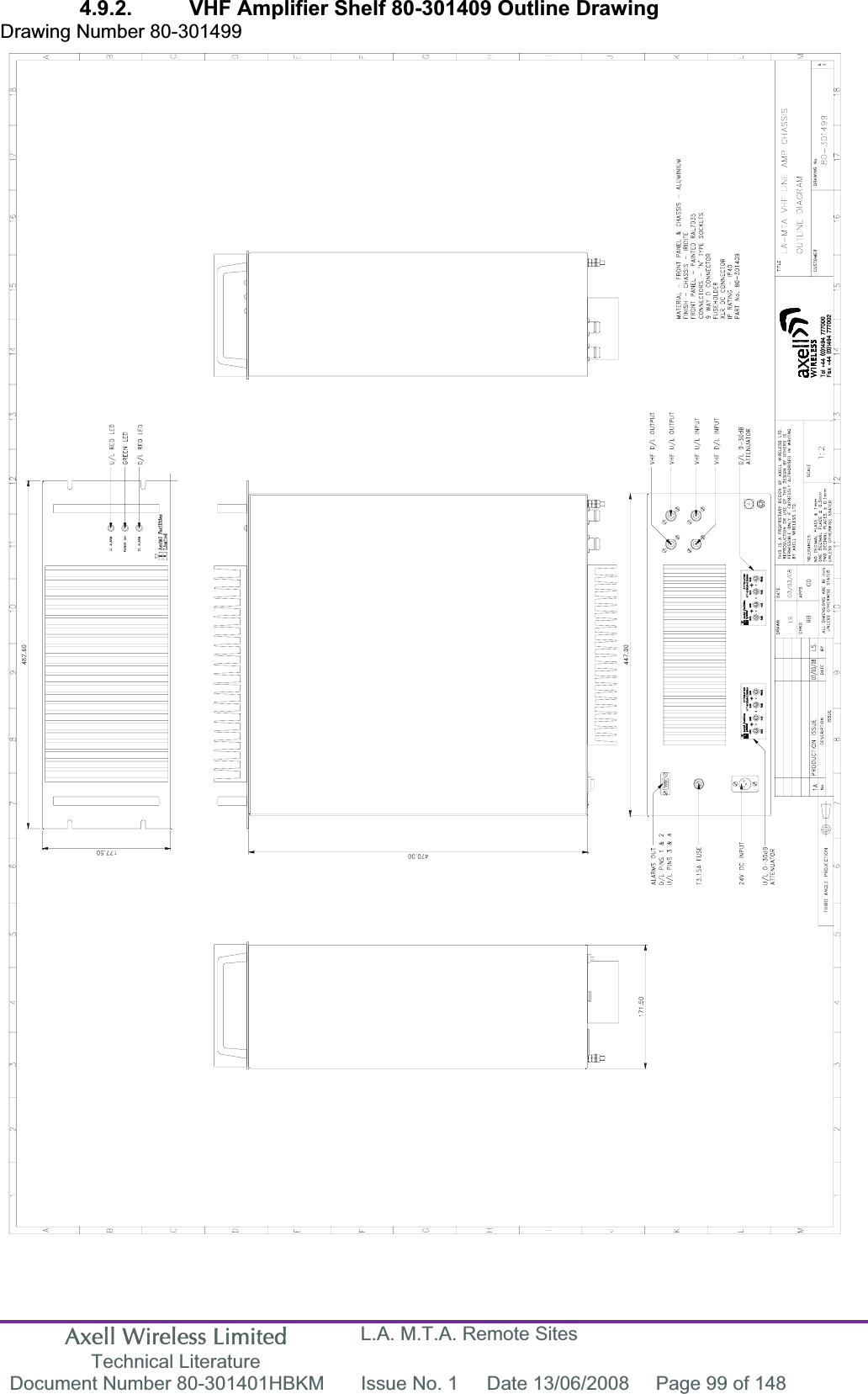 Axell Wireless Limited Technical Literature L.A. M.T.A. Remote Sites Document Number 80-301401HBKM  Issue No. 1  Date 13/06/2008  Page 99 of 148 4.9.2.  VHF Amplifier Shelf 80-301409 Outline Drawing Drawing Number 80-301499 