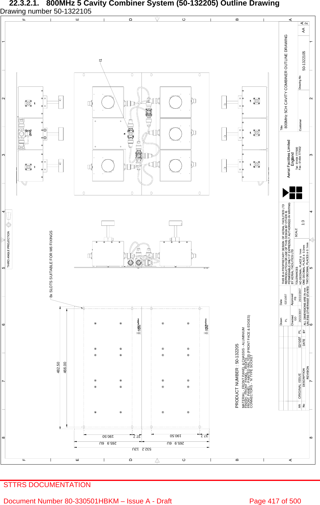 STTRS DOCUMENTATION  Document Number 80-330501HBKM – Issue A - Draft  Page 417 of 500  800MHz 5CH CAVITY COMBINER OUTLINE DRAWING1:3 50-1322105GD26/10/2007PB26/10/2007AA02/10/07PL8x SLOTS SUITABLE FOR M6 FIXINGS532.2   12U265.9   6U 265.9   6UI1466.00482.5037.7 190.50 37.7 190.50PRODUCT NUMBER : 50-132205MATERIAL - FRONT PANEL &amp; CHASSIS - ALUMINIUMFINISH - FRONT PANEL - IRIDITEFRONT PANEL - PAINTED RAL7035 (FRONT FACE &amp; EDGES)CONNECTORS - `N&apos; TYPE SOCKETAA ORIGINAL ISSUE PL 22.3.2.1.  800MHz 5 Cavity Combiner System (50-132205) Outline Drawing  Drawing number 50-1322105                                                      