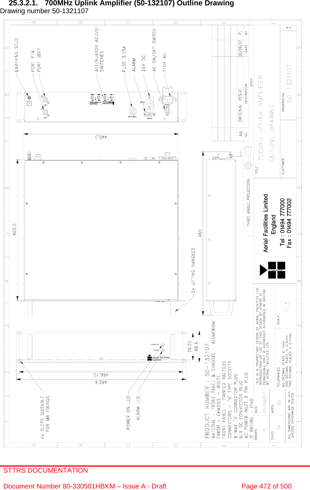 STTRS DOCUMENTATION  Document Number 80-330501HBKM – Issue A - Draft  Page 472 of 500  POWER ONALARM 25.3.2.1.  700MHz Uplink Amplifier (50-132107) Outline Drawing Drawing number 50-1321107                                                      