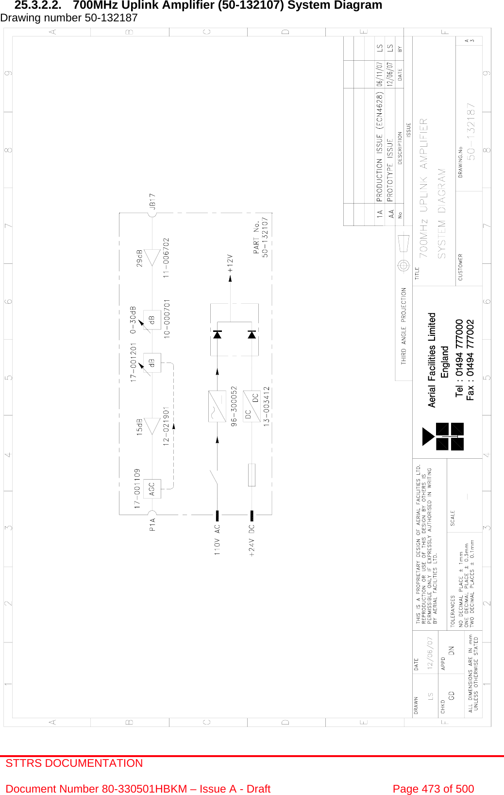 STTRS DOCUMENTATION  Document Number 80-330501HBKM – Issue A - Draft  Page 473 of 500   25.3.2.2.  700MHz Uplink Amplifier (50-132107) System Diagram  Drawing number 50-132187                                                