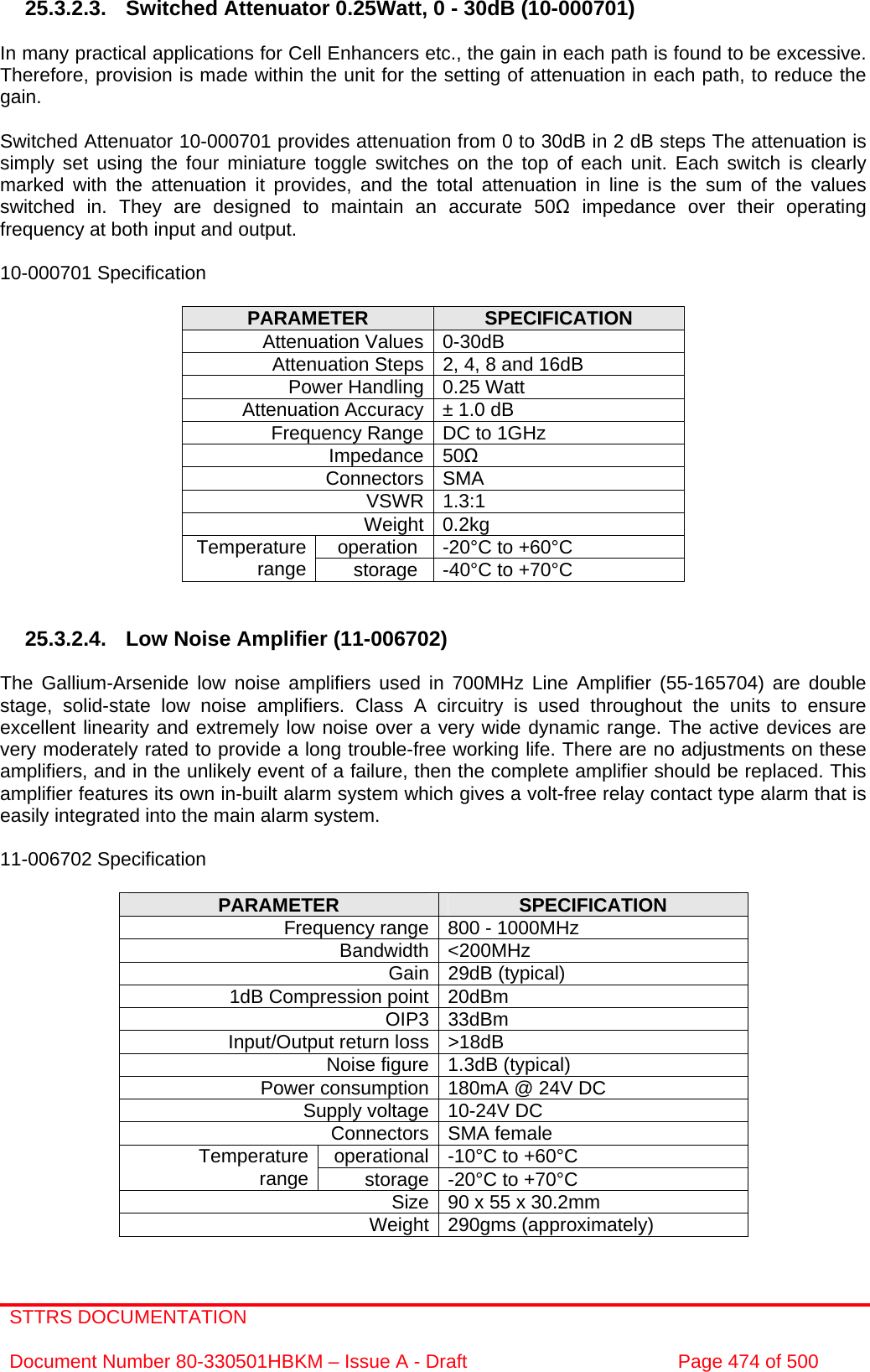 STTRS DOCUMENTATION  Document Number 80-330501HBKM – Issue A - Draft  Page 474 of 500   25.3.2.3. Switched Attenuator 0.25Watt, 0 - 30dB (10-000701)  In many practical applications for Cell Enhancers etc., the gain in each path is found to be excessive. Therefore, provision is made within the unit for the setting of attenuation in each path, to reduce the gain.  Switched Attenuator 10-000701 provides attenuation from 0 to 30dB in 2 dB steps The attenuation is simply set using the four miniature toggle switches on the top of each unit. Each switch is clearly marked with the attenuation it provides, and the total attenuation in line is the sum of the values switched in. They are designed to maintain an accurate 50Ω impedance over their operating frequency at both input and output.  10-000701 Specification  PARAMETER  SPECIFICATION Attenuation Values 0-30dB Attenuation Steps 2, 4, 8 and 16dB Power Handling 0.25 Watt Attenuation Accuracy ± 1.0 dB Frequency Range DC to 1GHz Impedance 50Ω Connectors SMA VSWR 1.3:1 Weight 0.2kg operation  -20°C to +60°C Temperature range  storage  -40°C to +70°C   25.3.2.4.  Low Noise Amplifier (11-006702)  The Gallium-Arsenide low noise amplifiers used in 700MHz Line Amplifier (55-165704) are double stage, solid-state low noise amplifiers. Class A circuitry is used throughout the units to ensure excellent linearity and extremely low noise over a very wide dynamic range. The active devices are very moderately rated to provide a long trouble-free working life. There are no adjustments on these amplifiers, and in the unlikely event of a failure, then the complete amplifier should be replaced. This amplifier features its own in-built alarm system which gives a volt-free relay contact type alarm that is easily integrated into the main alarm system.  11-006702 Specification  PARAMETER  SPECIFICATION Frequency range 800 - 1000MHz Bandwidth &lt;200MHz Gain 29dB (typical) 1dB Compression point 20dBm OIP3 33dBm Input/Output return loss &gt;18dB Noise figure 1.3dB (typical) Power consumption 180mA @ 24V DC Supply voltage 10-24V DC Connectors SMA female operational -10°C to +60°C Temperature range  storage -20°C to +70°C Size 90 x 55 x 30.2mm Weight 290gms (approximately)  