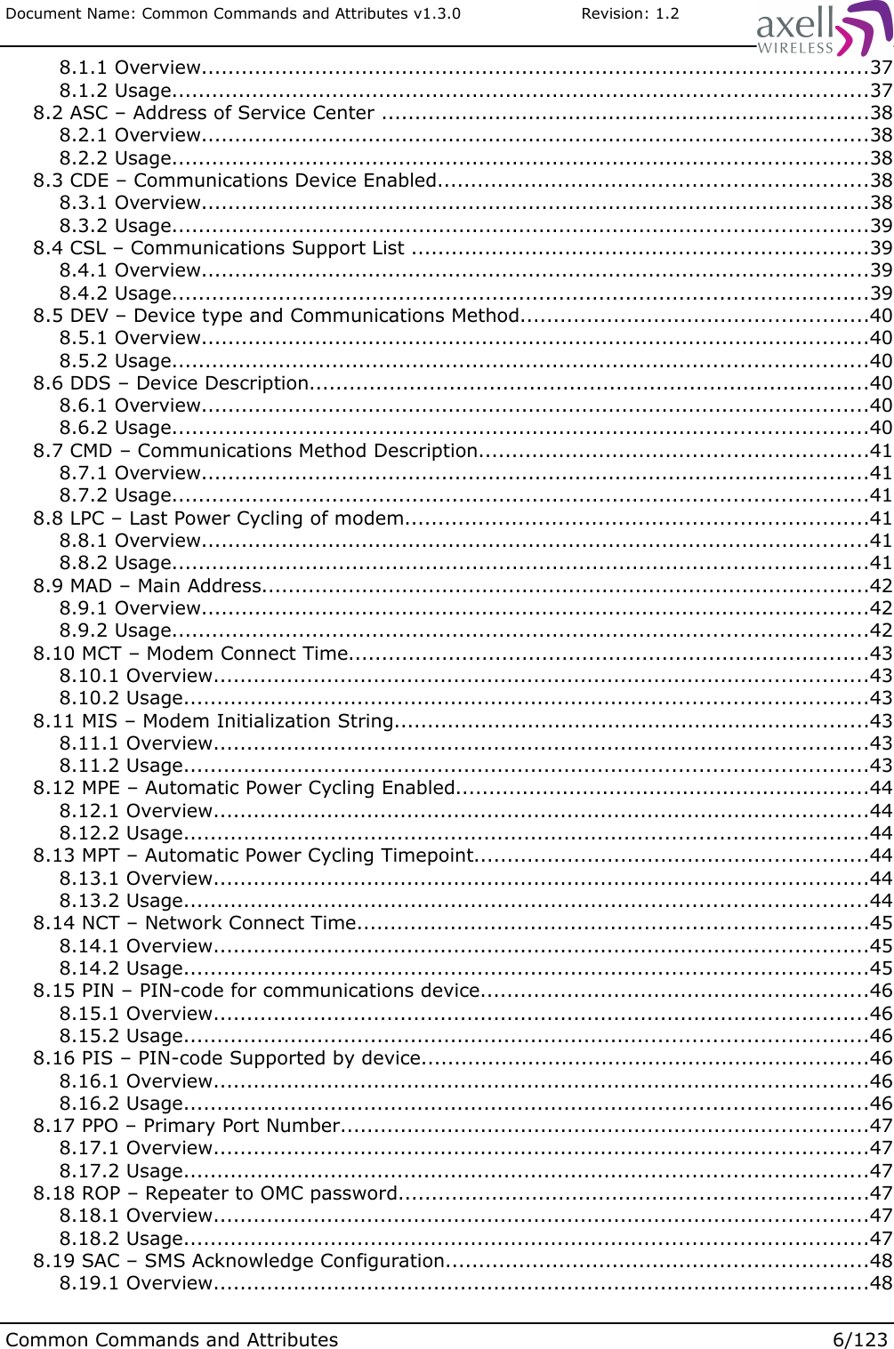 Document Name: Common Commands and Attributes v1.3.0                       Revision: 1.2 8.1.1 Overview....................................................................................................37 8.1.2 Usage........................................................................................................37 8.2 ASC – Address of Service Center .........................................................................38 8.2.1 Overview....................................................................................................38 8.2.2 Usage........................................................................................................38 8.3 CDE – Communications Device Enabled................................................................38 8.3.1 Overview....................................................................................................38 8.3.2 Usage........................................................................................................39 8.4 CSL – Communications Support List ....................................................................39 8.4.1 Overview....................................................................................................39 8.4.2 Usage........................................................................................................39 8.5 DEV – Device type and Communications Method....................................................40 8.5.1 Overview....................................................................................................40 8.5.2 Usage........................................................................................................40 8.6 DDS – Device Description....................................................................................40 8.6.1 Overview....................................................................................................40 8.6.2 Usage........................................................................................................40 8.7 CMD – Communications Method Description..........................................................41 8.7.1 Overview....................................................................................................41 8.7.2 Usage........................................................................................................41 8.8 LPC – Last Power Cycling of modem.....................................................................41 8.8.1 Overview....................................................................................................41 8.8.2 Usage........................................................................................................41 8.9 MAD – Main Address...........................................................................................42 8.9.1 Overview....................................................................................................42 8.9.2 Usage........................................................................................................42 8.10 MCT – Modem Connect Time..............................................................................43 8.10.1 Overview..................................................................................................43 8.10.2 Usage......................................................................................................43 8.11 MIS – Modem Initialization String.......................................................................43 8.11.1 Overview..................................................................................................43 8.11.2 Usage......................................................................................................43 8.12 MPE – Automatic Power Cycling Enabled..............................................................44 8.12.1 Overview..................................................................................................44 8.12.2 Usage......................................................................................................44 8.13 MPT – Automatic Power Cycling Timepoint...........................................................44 8.13.1 Overview..................................................................................................44 8.13.2 Usage......................................................................................................44 8.14 NCT – Network Connect Time............................................................................45 8.14.1 Overview..................................................................................................45 8.14.2 Usage......................................................................................................45 8.15 PIN – PIN-code for communications device..........................................................46 8.15.1 Overview..................................................................................................46 8.15.2 Usage......................................................................................................46 8.16 PIS – PIN-code Supported by device...................................................................46 8.16.1 Overview..................................................................................................46 8.16.2 Usage......................................................................................................46 8.17 PPO – Primary Port Number...............................................................................47 8.17.1 Overview..................................................................................................47 8.17.2 Usage......................................................................................................47 8.18 ROP – Repeater to OMC password......................................................................47 8.18.1 Overview..................................................................................................47 8.18.2 Usage......................................................................................................47 8.19 SAC – SMS Acknowledge Configuration...............................................................48 8.19.1 Overview..................................................................................................48Common Commands and Attributes 6/123