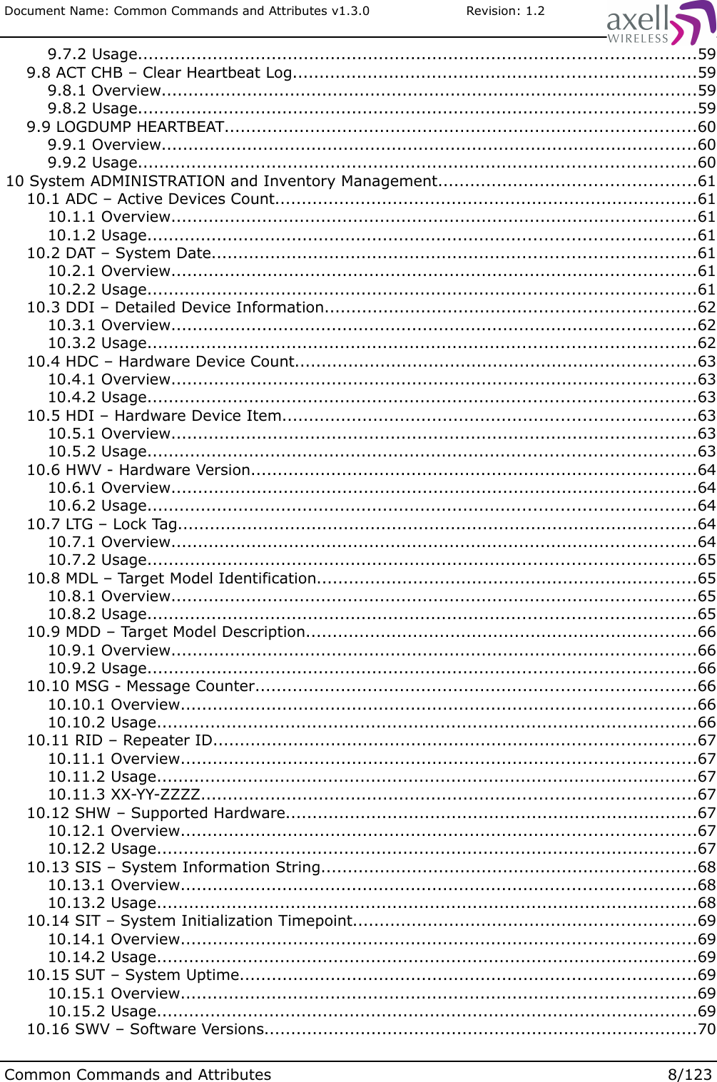 Document Name: Common Commands and Attributes v1.3.0                       Revision: 1.2 9.7.2 Usage........................................................................................................59 9.8 ACT CHB – Clear Heartbeat Log...........................................................................59 9.8.1 Overview....................................................................................................59 9.8.2 Usage........................................................................................................59 9.9 LOGDUMP HEARTBEAT........................................................................................60 9.9.1 Overview....................................................................................................60 9.9.2 Usage........................................................................................................60 10 System ADMINISTRATION and Inventory Management................................................61 10.1 ADC – Active Devices Count...............................................................................61 10.1.1 Overview..................................................................................................61 10.1.2 Usage......................................................................................................61 10.2 DAT – System Date..........................................................................................61 10.2.1 Overview..................................................................................................61 10.2.2 Usage......................................................................................................61 10.3 DDI – Detailed Device Information.....................................................................62 10.3.1 Overview..................................................................................................62 10.3.2 Usage......................................................................................................62 10.4 HDC – Hardware Device Count...........................................................................63 10.4.1 Overview..................................................................................................63 10.4.2 Usage......................................................................................................63 10.5 HDI – Hardware Device Item.............................................................................63 10.5.1 Overview..................................................................................................63 10.5.2 Usage......................................................................................................63 10.6 HWV - Hardware Version...................................................................................64 10.6.1 Overview..................................................................................................64 10.6.2 Usage......................................................................................................64 10.7 LTG – Lock Tag.................................................................................................64 10.7.1 Overview..................................................................................................64 10.7.2 Usage......................................................................................................65 10.8 MDL – Target Model Identification.......................................................................65 10.8.1 Overview..................................................................................................65 10.8.2 Usage......................................................................................................65 10.9 MDD – Target Model Description.........................................................................66 10.9.1 Overview..................................................................................................66 10.9.2 Usage......................................................................................................66 10.10 MSG - Message Counter..................................................................................66 10.10.1 Overview................................................................................................66 10.10.2 Usage.....................................................................................................66 10.11 RID – Repeater ID..........................................................................................67 10.11.1 Overview................................................................................................67 10.11.2 Usage.....................................................................................................67 10.11.3 XX-YY-ZZZZ............................................................................................67 10.12 SHW – Supported Hardware.............................................................................67 10.12.1 Overview................................................................................................67 10.12.2 Usage.....................................................................................................67 10.13 SIS – System Information String......................................................................68 10.13.1 Overview................................................................................................68 10.13.2 Usage.....................................................................................................68 10.14 SIT – System Initialization Timepoint................................................................69 10.14.1 Overview................................................................................................69 10.14.2 Usage.....................................................................................................69 10.15 SUT – System Uptime.....................................................................................69 10.15.1 Overview................................................................................................69 10.15.2 Usage.....................................................................................................69 10.16 SWV – Software Versions.................................................................................70Common Commands and Attributes 8/123