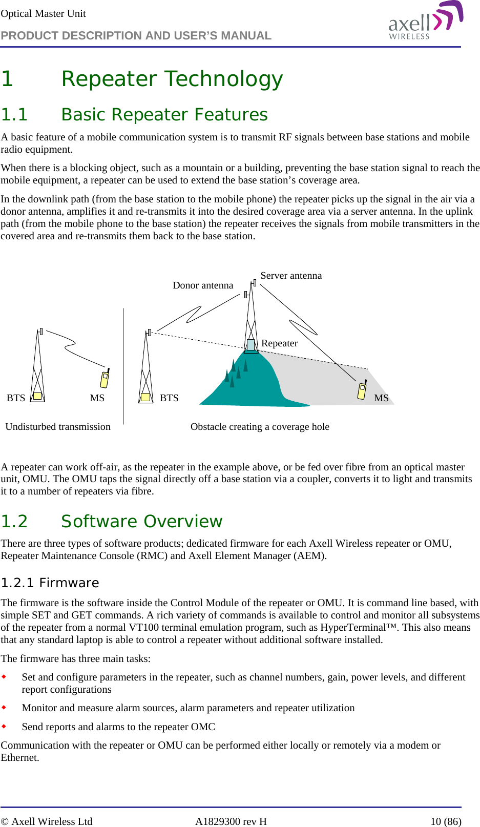 Optical Master Unit PRODUCT DESCRIPTION AND USER’S MANUAL   © Axell Wireless Ltd  A1829300 rev H  10 (86)  1 Repeater Technology 1.1 Basic Repeater Features A basic feature of a mobile communication system is to transmit RF signals between base stations and mobile radio equipment.  When there is a blocking object, such as a mountain or a building, preventing the base station signal to reach the mobile equipment, a repeater can be used to extend the base station’s coverage area.  In the downlink path (from the base station to the mobile phone) the repeater picks up the signal in the air via a donor antenna, amplifies it and re-transmits it into the desired coverage area via a server antenna. In the uplink path (from the mobile phone to the base station) the repeater receives the signals from mobile transmitters in the covered area and re-transmits them back to the base station.  RepeaterBTS BTSDonor antenna Server antennaUndisturbed transmission Obstacle creating a coverage hole  MS MS  A repeater can work off-air, as the repeater in the example above, or be fed over fibre from an optical master unit, OMU. The OMU taps the signal directly off a base station via a coupler, converts it to light and transmits it to a number of repeaters via fibre. 1.2 Software Overview There are three types of software products; dedicated firmware for each Axell Wireless repeater or OMU, Repeater Maintenance Console (RMC) and Axell Element Manager (AEM). 1.2.1 Firmware The firmware is the software inside the Control Module of the repeater or OMU. It is command line based, with simple SET and GET commands. A rich variety of commands is available to control and monitor all subsystems of the repeater from a normal VT100 terminal emulation program, such as HyperTerminal™. This also means that any standard laptop is able to control a repeater without additional software installed. The firmware has three main tasks:  Set and configure parameters in the repeater, such as channel numbers, gain, power levels, and different report configurations  Monitor and measure alarm sources, alarm parameters and repeater utilization  Send reports and alarms to the repeater OMC Communication with the repeater or OMU can be performed either locally or remotely via a modem or Ethernet. 