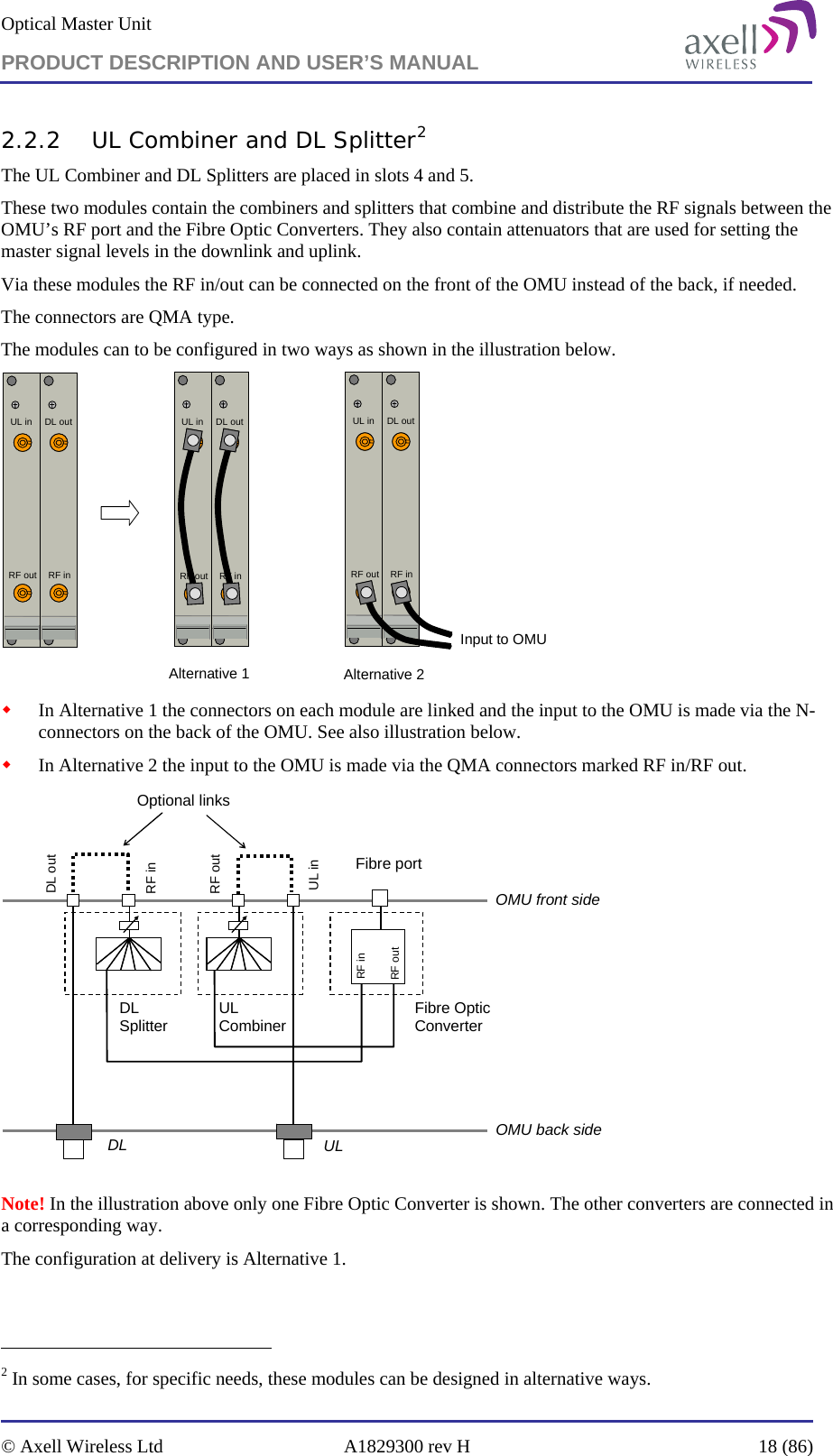 Optical Master Unit PRODUCT DESCRIPTION AND USER’S MANUAL   © Axell Wireless Ltd  A1829300 rev H  18 (86)  2.2.2 UL Combiner and DL Splitter2 The UL Combiner and DL Splitters are placed in slots 4 and 5. These two modules contain the combiners and splitters that combine and distribute the RF signals between the OMU’s RF port and the Fibre Optic Converters. They also contain attenuators that are used for setting the master signal levels in the downlink and uplink.  Via these modules the RF in/out can be connected on the front of the OMU instead of the back, if needed.  The connectors are QMA type. The modules can to be configured in two ways as shown in the illustration below. RF inDL outUL inRF out RF inDL outUL inRF out RF inDL outUL inRF outAlternative 1 Alternative 2Input to OMU  In Alternative 1 the connectors on each module are linked and the input to the OMU is made via the N-connectors on the back of the OMU. See also illustration below.  In Alternative 2 the input to the OMU is made via the QMA connectors marked RF in/RF out.  DLOMU front sideDL outRF inUL inRF outFibre portRF inRF outFibre Optic ConverterOptional linksUL Combiner OMU back sideDL Splitter UL  Note! In the illustration above only one Fibre Optic Converter is shown. The other converters are connected in a corresponding way. The configuration at delivery is Alternative 1.                                                            2 In some cases, for specific needs, these modules can be designed in alternative ways.  