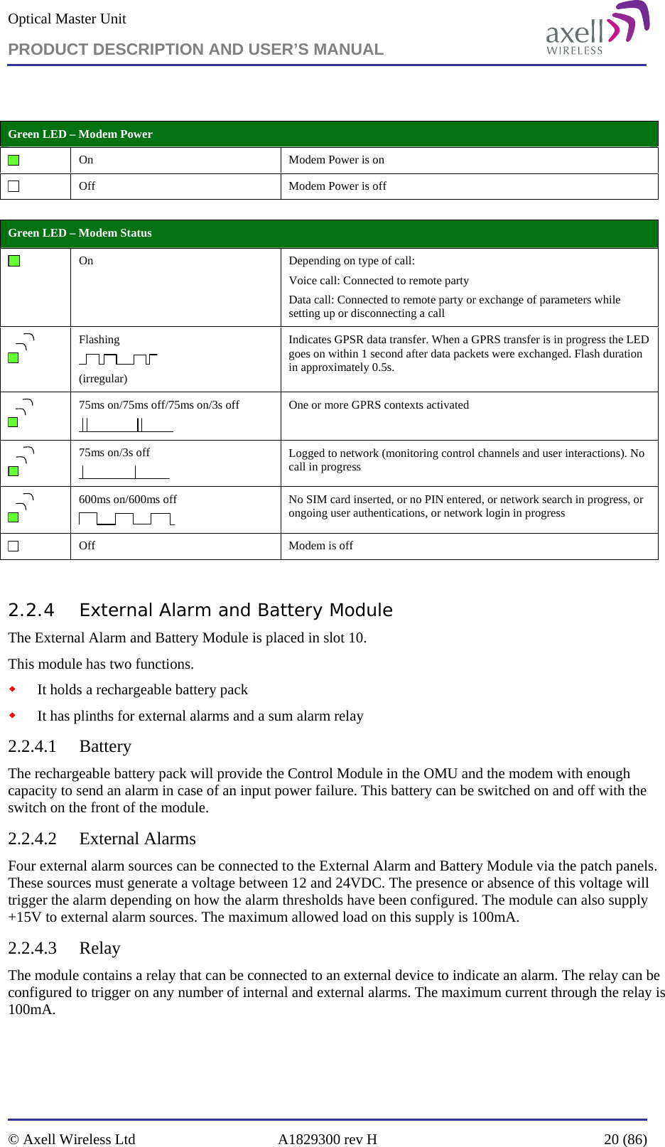 Optical Master Unit PRODUCT DESCRIPTION AND USER’S MANUAL   © Axell Wireless Ltd  A1829300 rev H  20 (86)    Green LED – Modem Status  On      Depending on type of call: Voice call: Connected to remote party Data call: Connected to remote party or exchange of parameters while setting up or disconnecting a call  Flashing  (irregular) Indicates GPSR data transfer. When a GPRS transfer is in progress the LED goes on within 1 second after data packets were exchanged. Flash duration in approximately 0.5s.  75ms on/75ms off/75ms on/3s off  One or more GPRS contexts activated  75ms on/3s off  Logged to network (monitoring control channels and user interactions). No call in progress  600ms on/600ms off  No SIM card inserted, or no PIN entered, or network search in progress, or ongoing user authentications, or network login in progress  Off  Modem is off  2.2.4 External Alarm and Battery Module The External Alarm and Battery Module is placed in slot 10. This module has two functions.   It holds a rechargeable battery pack  It has plinths for external alarms and a sum alarm relay 2.2.4.1 Battery The rechargeable battery pack will provide the Control Module in the OMU and the modem with enough capacity to send an alarm in case of an input power failure. This battery can be switched on and off with the switch on the front of the module. 2.2.4.2 External Alarms Four external alarm sources can be connected to the External Alarm and Battery Module via the patch panels. These sources must generate a voltage between 12 and 24VDC. The presence or absence of this voltage will trigger the alarm depending on how the alarm thresholds have been configured. The module can also supply +15V to external alarm sources. The maximum allowed load on this supply is 100mA.  2.2.4.3 Relay The module contains a relay that can be connected to an external device to indicate an alarm. The relay can be configured to trigger on any number of internal and external alarms. The maximum current through the relay is 100mA. Green LED – Modem Power  On  Modem Power is on  Off  Modem Power is off 