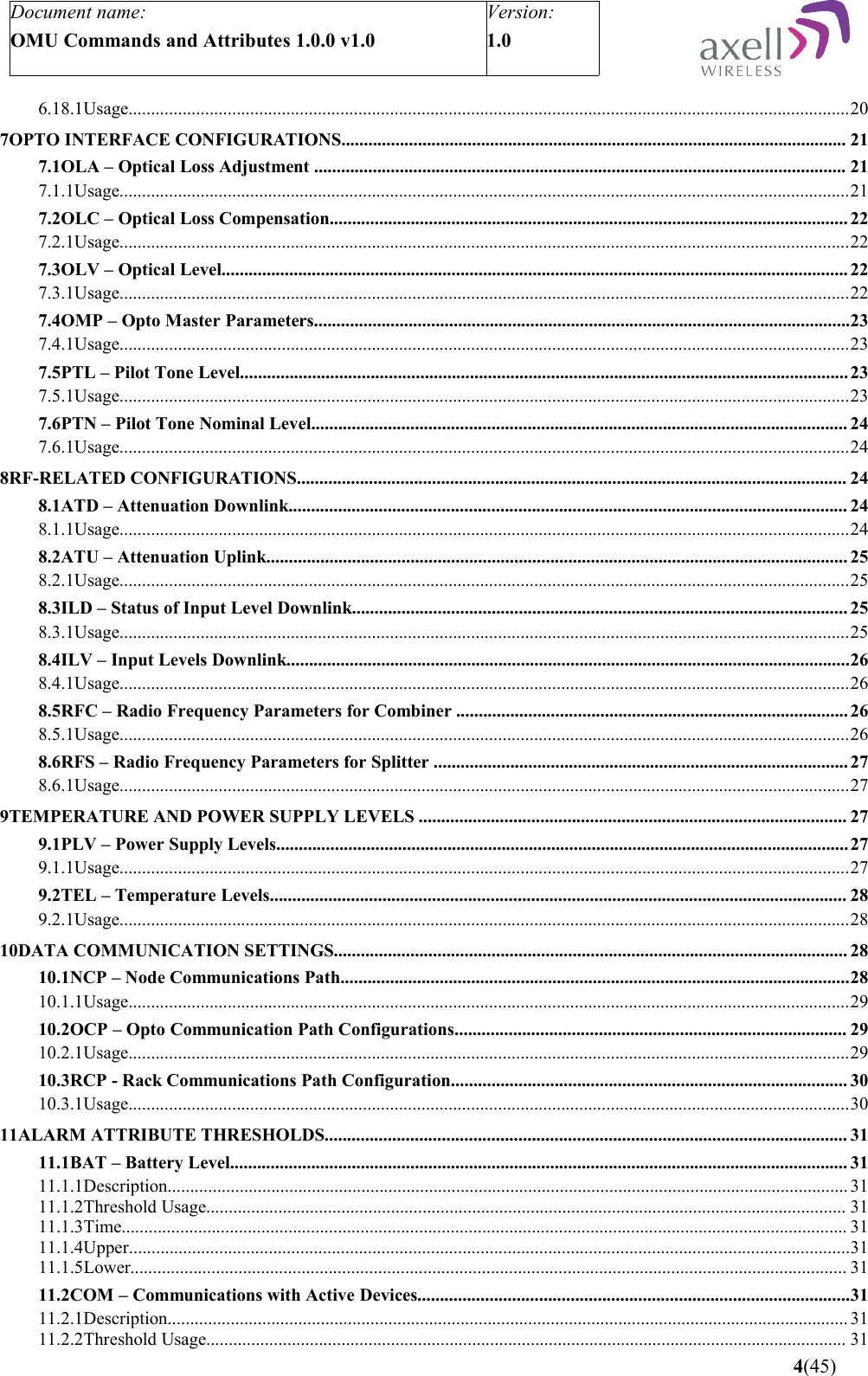 Document name:OMU Commands and Attributes 1.0.0 v1.0Version:1.0 6.18.1Usage................................................................................................................................................................207OPTO INTERFACE CONFIGURATIONS................................................................................................................ 217.1OLA – Optical Loss Adjustment ...................................................................................................................... 217.1.1Usage..................................................................................................................................................................217.2OLC – Optical Loss Compensation................................................................................................................... 227.2.1Usage..................................................................................................................................................................227.3OLV – Optical Level........................................................................................................................................... 227.3.1Usage..................................................................................................................................................................227.4OMP – Opto Master Parameters.......................................................................................................................237.4.1Usage..................................................................................................................................................................237.5PTL – Pilot Tone Level.......................................................................................................................................237.5.1Usage..................................................................................................................................................................237.6PTN – Pilot Tone Nominal Level....................................................................................................................... 247.6.1Usage..................................................................................................................................................................248RF-RELATED CONFIGURATIONS.......................................................................................................................... 248.1ATD – Attenuation Downlink............................................................................................................................ 248.1.1Usage..................................................................................................................................................................248.2ATU – Attenuation Uplink................................................................................................................................. 258.2.1Usage..................................................................................................................................................................258.3ILD – Status of Input Level Downlink.............................................................................................................. 258.3.1Usage..................................................................................................................................................................258.4ILV – Input Levels Downlink.............................................................................................................................268.4.1Usage..................................................................................................................................................................268.5RFC – Radio Frequency Parameters for Combiner ....................................................................................... 268.5.1Usage..................................................................................................................................................................268.6RFS – Radio Frequency Parameters for Splitter ............................................................................................ 278.6.1Usage..................................................................................................................................................................279TEMPERATURE AND POWER SUPPLY LEVELS ............................................................................................... 279.1PLV – Power Supply Levels...............................................................................................................................279.1.1Usage..................................................................................................................................................................279.2TEL – Temperature Levels................................................................................................................................ 289.2.1Usage..................................................................................................................................................................2810DATA COMMUNICATION SETTINGS.................................................................................................................. 2810.1NCP – Node Communications Path.................................................................................................................2810.1.1Usage................................................................................................................................................................2910.2OCP – Opto Communication Path Configurations....................................................................................... 2910.2.1Usage................................................................................................................................................................2910.3RCP - Rack Communications Path Configuration........................................................................................ 3010.3.1Usage................................................................................................................................................................3011ALARM ATTRIBUTE THRESHOLDS.................................................................................................................... 3111.1BAT – Battery Level......................................................................................................................................... 3111.1.1Description....................................................................................................................................................... 3111.1.2Threshold Usage.............................................................................................................................................. 3111.1.3Time................................................................................................................................................................. 3111.1.4Upper................................................................................................................................................................3111.1.5Lower............................................................................................................................................................... 3111.2COM – Communications with Active Devices................................................................................................3111.2.1Description....................................................................................................................................................... 3111.2.2Threshold Usage.............................................................................................................................................. 31 4(45)