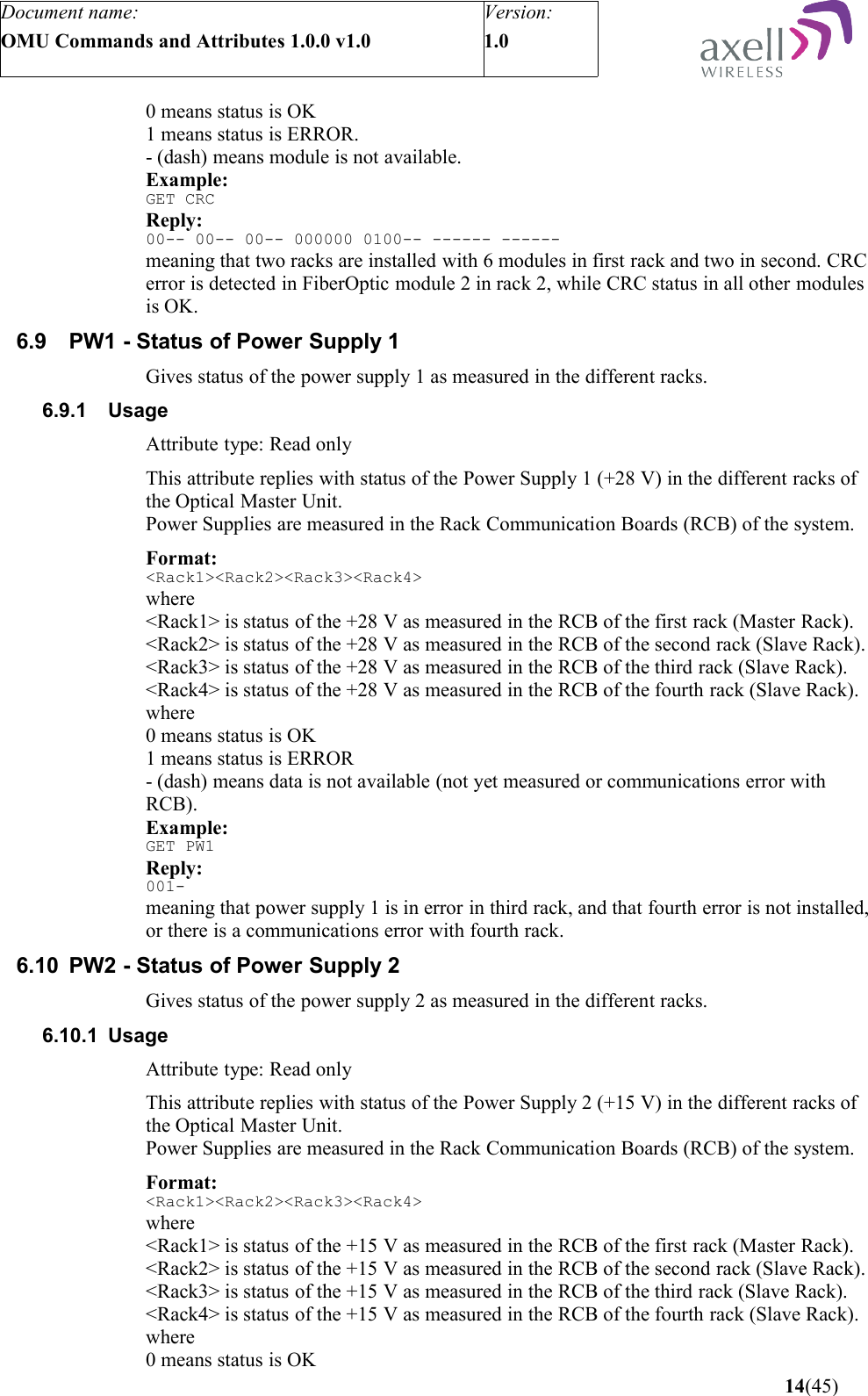 Document name:OMU Commands and Attributes 1.0.0 v1.0Version:1.0 0 means status is OK1 means status is ERROR.- (dash) means module is not available. Example:GET CRCReply:00-- 00-- 00-- 000000 0100-- ------ ------meaning that two racks are installed with 6 modules in first rack and two in second. CRC error is detected in FiberOptic module 2 in rack 2, while CRC status in all other modules is OK.6.9 PW1 - Status of Power Supply 1Gives status of the power supply 1 as measured in the different racks.6.9.1 UsageAttribute type: Read onlyThis attribute replies with status of the Power Supply 1 (+28 V) in the different racks of the Optical Master Unit.Power Supplies are measured in the Rack Communication Boards (RCB) of the system.Format:&lt;Rack1&gt;&lt;Rack2&gt;&lt;Rack3&gt;&lt;Rack4&gt;where&lt;Rack1&gt; is status of the +28 V as measured in the RCB of the first rack (Master Rack).&lt;Rack2&gt; is status of the +28 V as measured in the RCB of the second rack (Slave Rack).&lt;Rack3&gt; is status of the +28 V as measured in the RCB of the third rack (Slave Rack).&lt;Rack4&gt; is status of the +28 V as measured in the RCB of the fourth rack (Slave Rack).where0 means status is OK1 means status is ERROR- (dash) means data is not available (not yet measured or communications error with RCB).Example:GET PW1Reply:001-meaning that power supply 1 is in error in third rack, and that fourth error is not installed, or there is a communications error with fourth rack.6.10 PW2 - Status of Power Supply 2Gives status of the power supply 2 as measured in the different racks.6.10.1 UsageAttribute type: Read onlyThis attribute replies with status of the Power Supply 2 (+15 V) in the different racks of the Optical Master Unit.Power Supplies are measured in the Rack Communication Boards (RCB) of the system.Format:&lt;Rack1&gt;&lt;Rack2&gt;&lt;Rack3&gt;&lt;Rack4&gt;where&lt;Rack1&gt; is status of the +15 V as measured in the RCB of the first rack (Master Rack).&lt;Rack2&gt; is status of the +15 V as measured in the RCB of the second rack (Slave Rack).&lt;Rack3&gt; is status of the +15 V as measured in the RCB of the third rack (Slave Rack).&lt;Rack4&gt; is status of the +15 V as measured in the RCB of the fourth rack (Slave Rack).where0 means status is OK 14(45)
