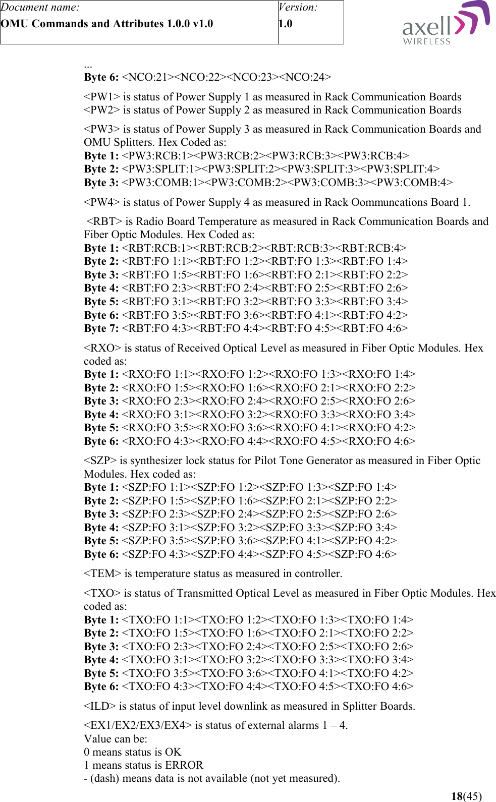 Document name:OMU Commands and Attributes 1.0.0 v1.0Version:1.0 ...Byte 6: &lt;NCO:21&gt;&lt;NCO:22&gt;&lt;NCO:23&gt;&lt;NCO:24&gt;&lt;PW1&gt; is status of Power Supply 1 as measured in Rack Communication Boards&lt;PW2&gt; is status of Power Supply 2 as measured in Rack Communication Boards&lt;PW3&gt; is status of Power Supply 3 as measured in Rack Communication Boards and OMU Splitters. Hex Coded as:Byte 1: &lt;PW3:RCB:1&gt;&lt;PW3:RCB:2&gt;&lt;PW3:RCB:3&gt;&lt;PW3:RCB:4&gt;Byte 2: &lt;PW3:SPLIT:1&gt;&lt;PW3:SPLIT:2&gt;&lt;PW3:SPLIT:3&gt;&lt;PW3:SPLIT:4&gt;Byte 3: &lt;PW3:COMB:1&gt;&lt;PW3:COMB:2&gt;&lt;PW3:COMB:3&gt;&lt;PW3:COMB:4&gt;&lt;PW4&gt; is status of Power Supply 4 as measured in Rack Oommuncations Board 1. &lt;RBT&gt; is Radio Board Temperature as measured in Rack Communication Boards and Fiber Optic Modules. Hex Coded as:Byte 1: &lt;RBT:RCB:1&gt;&lt;RBT:RCB:2&gt;&lt;RBT:RCB:3&gt;&lt;RBT:RCB:4&gt;Byte 2: &lt;RBT:FO 1:1&gt;&lt;RBT:FO 1:2&gt;&lt;RBT:FO 1:3&gt;&lt;RBT:FO 1:4&gt;Byte 3: &lt;RBT:FO 1:5&gt;&lt;RBT:FO 1:6&gt;&lt;RBT:FO 2:1&gt;&lt;RBT:FO 2:2&gt;Byte 4: &lt;RBT:FO 2:3&gt;&lt;RBT:FO 2:4&gt;&lt;RBT:FO 2:5&gt;&lt;RBT:FO 2:6&gt;Byte 5: &lt;RBT:FO 3:1&gt;&lt;RBT:FO 3:2&gt;&lt;RBT:FO 3:3&gt;&lt;RBT:FO 3:4&gt;Byte 6: &lt;RBT:FO 3:5&gt;&lt;RBT:FO 3:6&gt;&lt;RBT:FO 4:1&gt;&lt;RBT:FO 4:2&gt;Byte 7: &lt;RBT:FO 4:3&gt;&lt;RBT:FO 4:4&gt;&lt;RBT:FO 4:5&gt;&lt;RBT:FO 4:6&gt; &lt;RXO&gt; is status of Received Optical Level as measured in Fiber Optic Modules. Hex coded as:Byte 1: &lt;RXO:FO 1:1&gt;&lt;RXO:FO 1:2&gt;&lt;RXO:FO 1:3&gt;&lt;RXO:FO 1:4&gt;Byte 2: &lt;RXO:FO 1:5&gt;&lt;RXO:FO 1:6&gt;&lt;RXO:FO 2:1&gt;&lt;RXO:FO 2:2&gt;Byte 3: &lt;RXO:FO 2:3&gt;&lt;RXO:FO 2:4&gt;&lt;RXO:FO 2:5&gt;&lt;RXO:FO 2:6&gt;Byte 4: &lt;RXO:FO 3:1&gt;&lt;RXO:FO 3:2&gt;&lt;RXO:FO 3:3&gt;&lt;RXO:FO 3:4&gt;Byte 5: &lt;RXO:FO 3:5&gt;&lt;RXO:FO 3:6&gt;&lt;RXO:FO 4:1&gt;&lt;RXO:FO 4:2&gt;Byte 6: &lt;RXO:FO 4:3&gt;&lt;RXO:FO 4:4&gt;&lt;RXO:FO 4:5&gt;&lt;RXO:FO 4:6&gt;&lt;SZP&gt; is synthesizer lock status for Pilot Tone Generator as measured in Fiber Optic Modules. Hex coded as:Byte 1: &lt;SZP:FO 1:1&gt;&lt;SZP:FO 1:2&gt;&lt;SZP:FO 1:3&gt;&lt;SZP:FO 1:4&gt;Byte 2: &lt;SZP:FO 1:5&gt;&lt;SZP:FO 1:6&gt;&lt;SZP:FO 2:1&gt;&lt;SZP:FO 2:2&gt;Byte 3: &lt;SZP:FO 2:3&gt;&lt;SZP:FO 2:4&gt;&lt;SZP:FO 2:5&gt;&lt;SZP:FO 2:6&gt;Byte 4: &lt;SZP:FO 3:1&gt;&lt;SZP:FO 3:2&gt;&lt;SZP:FO 3:3&gt;&lt;SZP:FO 3:4&gt;Byte 5: &lt;SZP:FO 3:5&gt;&lt;SZP:FO 3:6&gt;&lt;SZP:FO 4:1&gt;&lt;SZP:FO 4:2&gt;Byte 6: &lt;SZP:FO 4:3&gt;&lt;SZP:FO 4:4&gt;&lt;SZP:FO 4:5&gt;&lt;SZP:FO 4:6&gt;&lt;TEM&gt; is temperature status as measured in controller.&lt;TXO&gt; is status of Transmitted Optical Level as measured in Fiber Optic Modules. Hex coded as:Byte 1: &lt;TXO:FO 1:1&gt;&lt;TXO:FO 1:2&gt;&lt;TXO:FO 1:3&gt;&lt;TXO:FO 1:4&gt;Byte 2: &lt;TXO:FO 1:5&gt;&lt;TXO:FO 1:6&gt;&lt;TXO:FO 2:1&gt;&lt;TXO:FO 2:2&gt;Byte 3: &lt;TXO:FO 2:3&gt;&lt;TXO:FO 2:4&gt;&lt;TXO:FO 2:5&gt;&lt;TXO:FO 2:6&gt;Byte 4: &lt;TXO:FO 3:1&gt;&lt;TXO:FO 3:2&gt;&lt;TXO:FO 3:3&gt;&lt;TXO:FO 3:4&gt;Byte 5: &lt;TXO:FO 3:5&gt;&lt;TXO:FO 3:6&gt;&lt;TXO:FO 4:1&gt;&lt;TXO:FO 4:2&gt;Byte 6: &lt;TXO:FO 4:3&gt;&lt;TXO:FO 4:4&gt;&lt;TXO:FO 4:5&gt;&lt;TXO:FO 4:6&gt;&lt;ILD&gt; is status of input level downlink as measured in Splitter Boards.&lt;EX1/EX2/EX3/EX4&gt; is status of external alarms 1 – 4.Value can be:0 means status is OK1 means status is ERROR- (dash) means data is not available (not yet measured). 18(45)