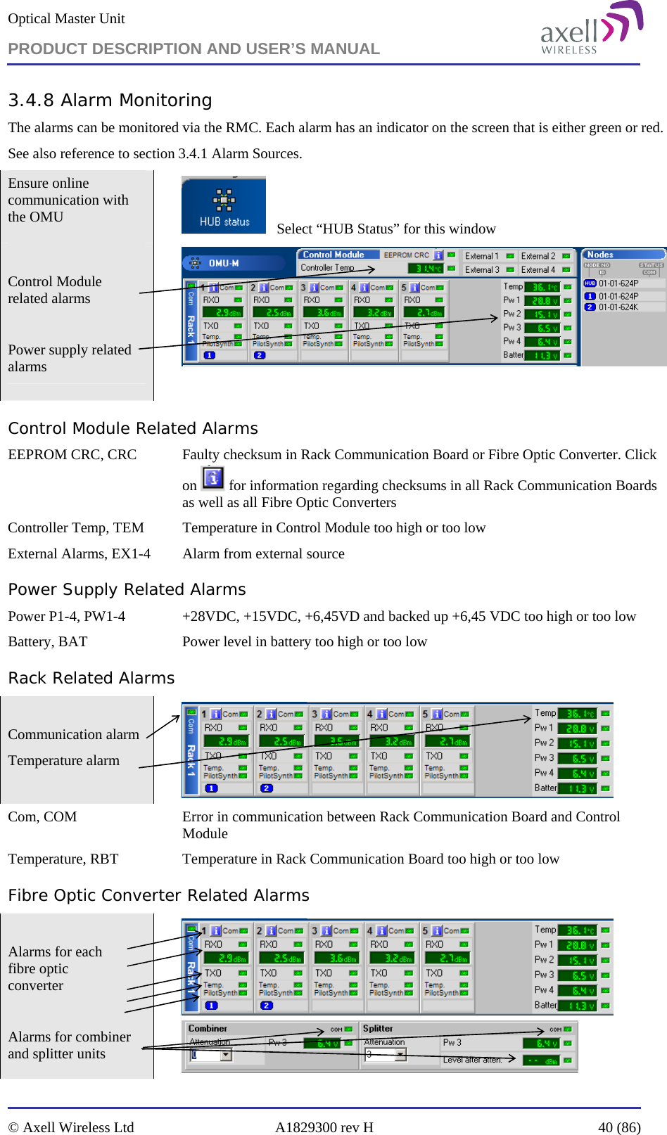 Optical Master Unit PRODUCT DESCRIPTION AND USER’S MANUAL   © Axell Wireless Ltd  A1829300 rev H  40 (86)  3.4.8 Alarm Monitoring The alarms can be monitored via the RMC. Each alarm has an indicator on the screen that is either green or red. See also reference to section 3.4.1 Alarm Sources. Ensure online communication with the OMU     Select “HUB Status” for this window  Control Module related alarms   Power supply related alarms    Control Module Related Alarms EEPROM CRC, CRC   Faulty checksum in Rack Communication Board or Fibre Optic Converter. Click on   for information regarding checksums in all Rack Communication Boards as well as all Fibre Optic Converters Controller Temp, TEM   Temperature in Control Module too high or too low  External Alarms, EX1-4  Alarm from external source Power Supply Related Alarms Power P1-4, PW1-4   +28VDC, +15VDC, +6,45VD and backed up +6,45 VDC too high or too low  Battery, BAT   Power level in battery too high or too low Rack Related Alarms  Communication alarm Temperature alarm    Com, COM  Error in communication between Rack Communication Board and Control Module Temperature, RBT  Temperature in Rack Communication Board too high or too low Fibre Optic Converter Related Alarms  Alarms for each  fibre optic  converter  Alarms for combiner and splitter units    