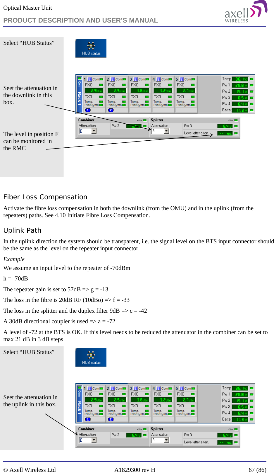 Optical Master Unit PRODUCT DESCRIPTION AND USER’S MANUAL   © Axell Wireless Ltd  A1829300 rev H  67 (86)  Select “HUB Status”      Seet the attenuation in the downlink in this box.    The level in position F can be monitored in the RMC       Fiber Loss Compensation Activate the fibre loss compensation in both the downlink (from the OMU) and in the uplink (from the repeaters) paths. See 4.10 Initiate Fibre Loss Compensation. Uplink Path In the uplink direction the system should be transparent, i.e. the signal level on the BTS input connector should be the same as the level on the repeater input connector.  Example We assume an input level to the repeater of -70dBm h = -70dB The repeater gain is set to 57dB =&gt; g = -13 The loss in the fibre is 20dB RF (10dBo) =&gt; f = -33 The loss in the splitter and the duplex filter 9dB =&gt; c = -42 A 30dB directional coupler is used =&gt; a = -72 A level of -72 at the BTS is OK. If this level needs to be reduced the attenuator in the combiner can be set to max 21 dB in 3 dB steps Select “HUB Status”      Seet the attenuation in the uplink in this box.        