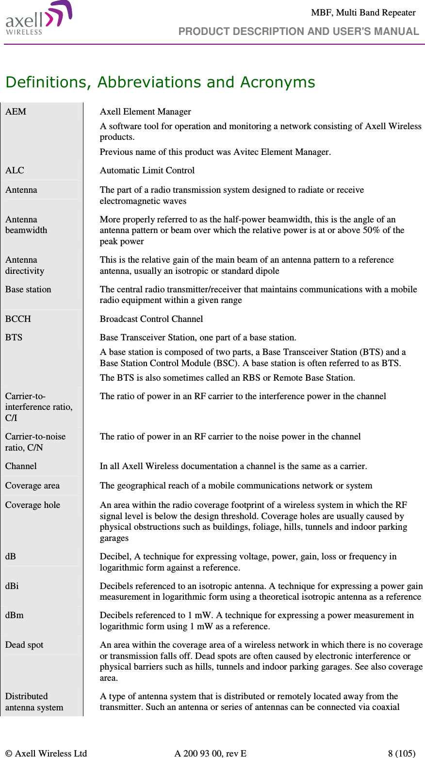     MBF, Multi Band Repeater                                     PRODUCT DESCRIPTION AND USER&apos;S MANUAL   © Axell Wireless Ltd  A 200 93 00, rev E  8 (105)  Definitions, Abbreviations and Acronyms AEM   Axell Element Manager A software tool for operation and monitoring a network consisting of Axell Wireless products.  Previous name of this product was Avitec Element Manager. ALC   Automatic Limit Control Antenna   The part of a radio transmission system designed to radiate or receive electromagnetic waves Antenna beamwidth  More properly referred to as the half-power beamwidth, this is the angle of an antenna pattern or beam over which the relative power is at or above 50% of the peak power Antenna directivity  This is the relative gain of the main beam of an antenna pattern to a reference antenna, usually an isotropic or standard dipole Base station   The central radio transmitter/receiver that maintains communications with a mobile radio equipment within a given range BCCH    Broadcast Control Channel BTS   Base Transceiver Station, one part of a base station. A base station is composed of two parts, a Base Transceiver Station (BTS) and a Base Station Control Module (BSC). A base station is often referred to as BTS. The BTS is also sometimes called an RBS or Remote Base Station.  Carrier-to-interference ratio, C/I  The ratio of power in an RF carrier to the interference power in the channel Carrier-to-noise ratio, C/N  The ratio of power in an RF carrier to the noise power in the channel Channel   In all Axell Wireless documentation a channel is the same as a carrier.  Coverage area   The geographical reach of a mobile communications network or system Coverage hole   An area within the radio coverage footprint of a wireless system in which the RF signal level is below the design threshold. Coverage holes are usually caused by physical obstructions such as buildings, foliage, hills, tunnels and indoor parking garages dB   Decibel, A technique for expressing voltage, power, gain, loss or frequency in logarithmic form against a reference.  dBi   Decibels referenced to an isotropic antenna. A technique for expressing a power gain measurement in logarithmic form using a theoretical isotropic antenna as a reference dBm   Decibels referenced to 1 mW. A technique for expressing a power measurement in logarithmic form using 1 mW as a reference. Dead spot   An area within the coverage area of a wireless network in which there is no coverage or transmission falls off. Dead spots are often caused by electronic interference or physical barriers such as hills, tunnels and indoor parking garages. See also coverage area. Distributed antenna system  A type of antenna system that is distributed or remotely located away from the transmitter. Such an antenna or series of antennas can be connected via coaxial 