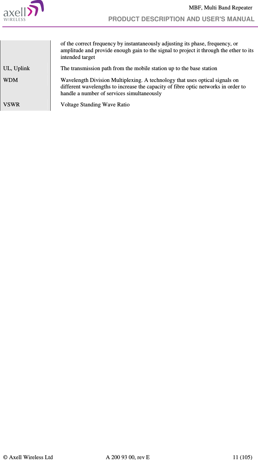     MBF, Multi Band Repeater                                     PRODUCT DESCRIPTION AND USER&apos;S MANUAL   © Axell Wireless Ltd  A 200 93 00, rev E  11 (105)  of the correct frequency by instantaneously adjusting its phase, frequency, or amplitude and provide enough gain to the signal to project it through the ether to its intended target UL, Uplink    The transmission path from the mobile station up to the base station WDM   Wavelength Division Multiplexing. A technology that uses optical signals on different wavelengths to increase the capacity of fibre optic networks in order to handle a number of services simultaneously VSWR   Voltage Standing Wave Ratio  
