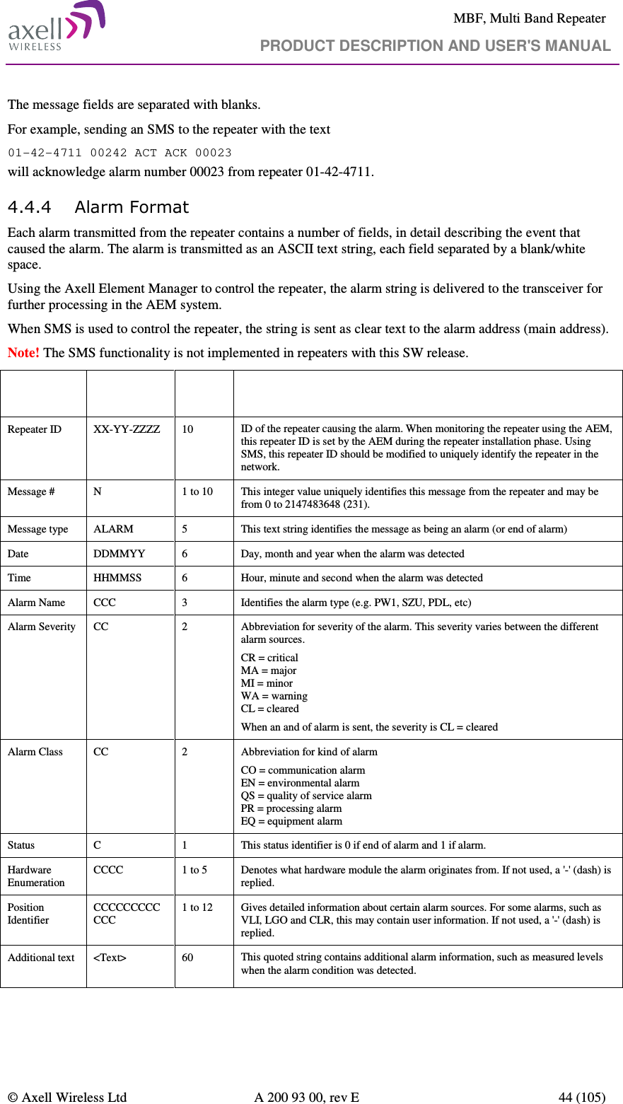     MBF, Multi Band Repeater                                     PRODUCT DESCRIPTION AND USER&apos;S MANUAL   © Axell Wireless Ltd  A 200 93 00, rev E  44 (105)  The message fields are separated with blanks.  For example, sending an SMS to the repeater with the text 01-42-4711 00242 ACT ACK 00023 will acknowledge alarm number 00023 from repeater 01-42-4711. 4.4.4 Alarm Format Each alarm transmitted from the repeater contains a number of fields, in detail describing the event that caused the alarm. The alarm is transmitted as an ASCII text string, each field separated by a blank/white space. Using the Axell Element Manager to control the repeater, the alarm string is delivered to the transceiver for further processing in the AEM system. When SMS is used to control the repeater, the string is sent as clear text to the alarm address (main address).  Note! The SMS functionality is not implemented in repeaters with this SW release. Message field Format  # of char. Description Repeater ID  XX-YY-ZZZZ  10  ID of the repeater causing the alarm. When monitoring the repeater using the AEM, this repeater ID is set by the AEM during the repeater installation phase. Using SMS, this repeater ID should be modified to uniquely identify the repeater in the network. Message #  N  1 to 10  This integer value uniquely identifies this message from the repeater and may be from 0 to 2147483648 (231). Message type  ALARM  5  This text string identifies the message as being an alarm (or end of alarm) Date  DDMMYY  6  Day, month and year when the alarm was detected Time  HHMMSS  6  Hour, minute and second when the alarm was detected Alarm Name  CCC  3  Identifies the alarm type (e.g. PW1, SZU, PDL, etc) Alarm Severity  CC  2  Abbreviation for severity of the alarm. This severity varies between the different alarm sources. CR = critical   MA = major MI = minor WA = warning CL = cleared When an and of alarm is sent, the severity is CL = cleared Alarm Class  CC  2  Abbreviation for kind of alarm CO = communication alarm EN = environmental alarm QS = quality of service alarm PR = processing alarm EQ = equipment alarm Status  C  1  This status identifier is 0 if end of alarm and 1 if alarm. Hardware Enumeration CCCC  1 to 5  Denotes what hardware module the alarm originates from. If not used, a &apos;-&apos; (dash) is replied. Position Identifier CCCCCCCCCCCC 1 to 12  Gives detailed information about certain alarm sources. For some alarms, such as VLI, LGO and CLR, this may contain user information. If not used, a &apos;-&apos; (dash) is replied. Additional text  &lt;Text&gt;  60  This quoted string contains additional alarm information, such as measured levels when the alarm condition was detected.  