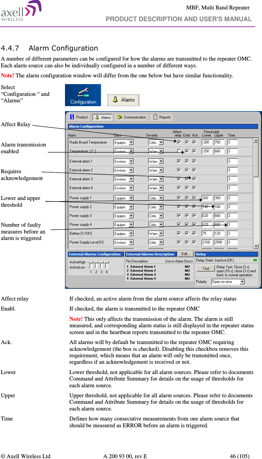     MBF, Multi Band Repeater                                     PRODUCT DESCRIPTION AND USER&apos;S MANUAL   © Axell Wireless Ltd  A 200 93 00, rev E  46 (105)  4.4.7 Alarm Configuration A number of different parameters can be configured for how the alarms are transmitted to the repeater OMC. Each alarm source can also be individually configured in a number of different ways.  Note! The alarm configuration window will differ from the one below but have similar functionality. Select “Configuration “ and “Alarms”         Affect Relay  Alarm transmission enabled  Requires acknowledgement  Lower and upper threshold  Number of faulty measures before an alarm is triggered      Affect relay  If checked, an active alarm from the alarm source affects the relay status Enabl.   If checked, the alarm is transmitted to the repeater OMC  Note! This only affects the transmission of the alarm. The alarm is still measured, and corresponding alarm status is still displayed in the repeater status screen and in the heartbeat reports transmitted to the repeater OMC.  Ack.  All alarms will by default be transmitted to the repeater OMC requiring acknowledgement (the box is checked). Disabling this checkbox removes this requirement, which means that an alarm will only be transmitted once, regardless if an acknowledgement is received or not. Lower  Lower threshold, not applicable for all alarm sources. Please refer to documents Command and Attribute Summary for details on the usage of thresholds for each alarm source. Upper  Upper threshold, not applicable for all alarm sources. Please refer to documents Command and Attribute Summary for details on the usage of thresholds for each alarm source. Time  Defines how many consecutive measurements from one alarm source that should be measured as ERROR before an alarm is triggered. 