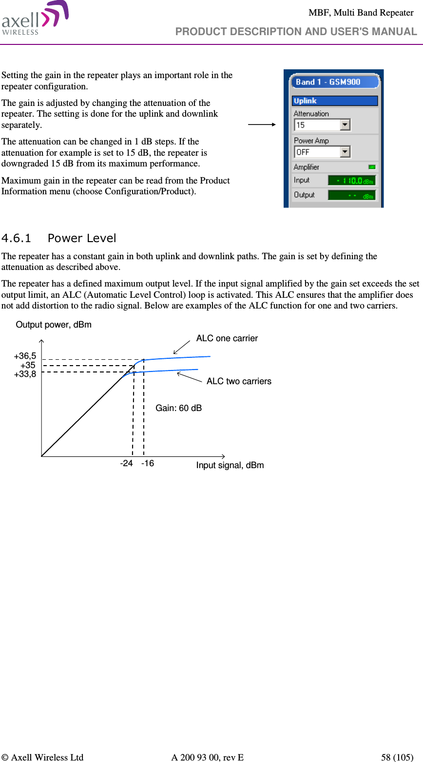     MBF, Multi Band Repeater                                     PRODUCT DESCRIPTION AND USER&apos;S MANUAL   © Axell Wireless Ltd  A 200 93 00, rev E  58 (105)  Setting the gain in the repeater plays an important role in the repeater configuration.  The gain is adjusted by changing the attenuation of the repeater. The setting is done for the uplink and downlink separately. The attenuation can be changed in 1 dB steps. If the attenuation for example is set to 15 dB, the repeater is downgraded 15 dB from its maximum performance.  Maximum gain in the repeater can be read from the Product Information menu (choose Configuration/Product).         4.6.1 Power Level The repeater has a constant gain in both uplink and downlink paths. The gain is set by defining the attenuation as described above.  The repeater has a defined maximum output level. If the input signal amplified by the gain set exceeds the set output limit, an ALC (Automatic Level Control) loop is activated. This ALC ensures that the amplifier does not add distortion to the radio signal. Below are examples of the ALC function for one and two carriers. ALC one carrierInput signal, dBmOutput power, dBm+36,5+33,8-24 -16Gain: 60 dB+35ALC two carriers  