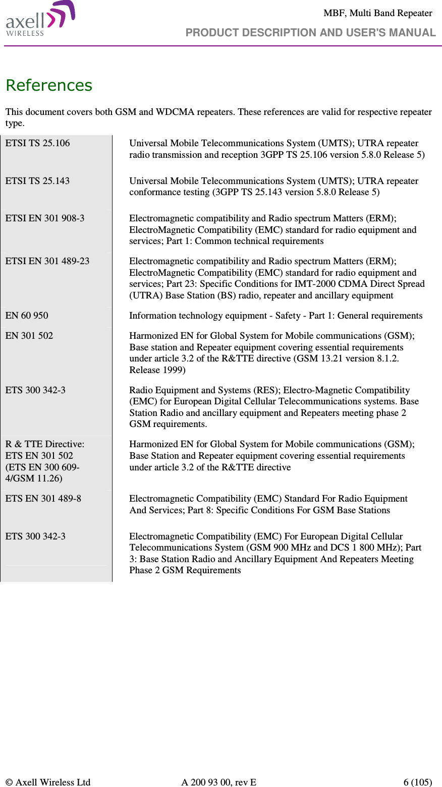     MBF, Multi Band Repeater                                     PRODUCT DESCRIPTION AND USER&apos;S MANUAL   © Axell Wireless Ltd  A 200 93 00, rev E  6 (105)  References This document covers both GSM and WDCMA repeaters. These references are valid for respective repeater type. ETSI TS 25.106    Universal Mobile Telecommunications System (UMTS); UTRA repeater radio transmission and reception 3GPP TS 25.106 version 5.8.0 Release 5)   ETSI TS 25.143    Universal Mobile Telecommunications System (UMTS); UTRA repeater conformance testing (3GPP TS 25.143 version 5.8.0 Release 5) ETSI EN 301 908-3    Electromagnetic compatibility and Radio spectrum Matters (ERM); ElectroMagnetic Compatibility (EMC) standard for radio equipment and services; Part 1: Common technical requirements ETSI EN 301 489-23    Electromagnetic compatibility and Radio spectrum Matters (ERM); ElectroMagnetic Compatibility (EMC) standard for radio equipment and services; Part 23: Specific Conditions for IMT-2000 CDMA Direct Spread (UTRA) Base Station (BS) radio, repeater and ancillary equipment EN 60 950    Information technology equipment - Safety - Part 1: General requirements EN 301 502    Harmonized EN for Global System for Mobile communications (GSM); Base station and Repeater equipment covering essential requirements under article 3.2 of the R&amp;TTE directive (GSM 13.21 version 8.1.2. Release 1999) ETS 300 342-3    Radio Equipment and Systems (RES); Electro-Magnetic Compatibility (EMC) for European Digital Cellular Telecommunications systems. Base Station Radio and ancillary equipment and Repeaters meeting phase 2 GSM requirements. R &amp; TTE Directive: ETS EN 301 502  (ETS EN 300 609-4/GSM 11.26)     Harmonized EN for Global System for Mobile communications (GSM); Base Station and Repeater equipment covering essential requirements under article 3.2 of the R&amp;TTE directive  ETS EN 301 489-8    Electromagnetic Compatibility (EMC) Standard For Radio Equipment And Services; Part 8: Specific Conditions For GSM Base Stations ETS 300 342-3    Electromagnetic Compatibility (EMC) For European Digital Cellular Telecommunications System (GSM 900 MHz and DCS 1 800 MHz); Part 3: Base Station Radio and Ancillary Equipment And Repeaters Meeting Phase 2 GSM Requirements    