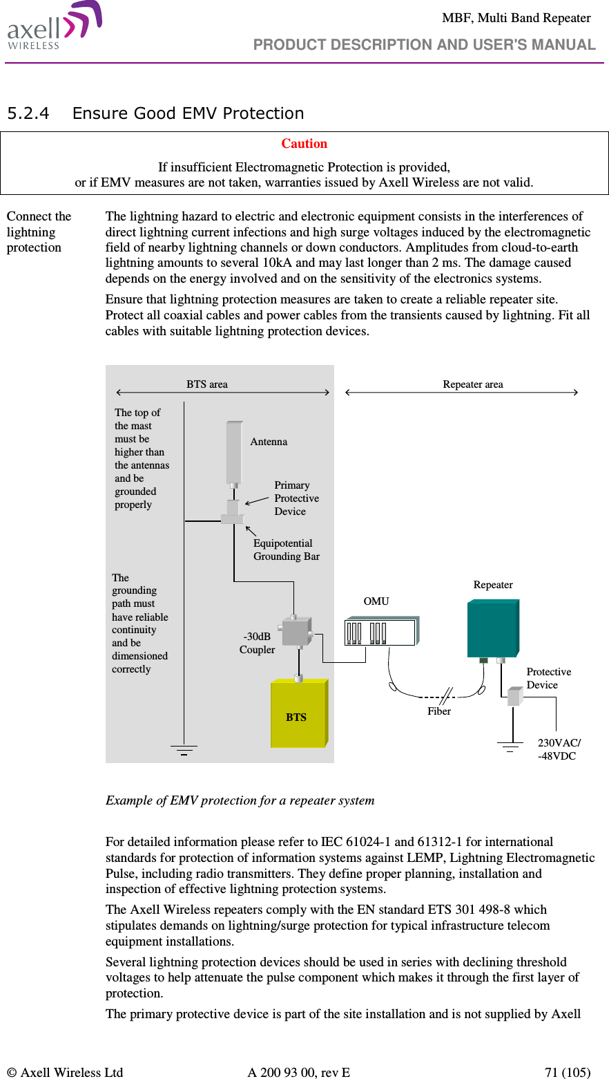     MBF, Multi Band Repeater                                     PRODUCT DESCRIPTION AND USER&apos;S MANUAL   © Axell Wireless Ltd  A 200 93 00, rev E  71 (105)  5.2.4 Ensure Good EMV Protection   Caution If insufficient Electromagnetic Protection is provided,  or if EMV measures are not taken, warranties issued by Axell Wireless are not valid. Connect the lightning protection                                  The lightning hazard to electric and electronic equipment consists in the interferences of direct lightning current infections and high surge voltages induced by the electromagnetic field of nearby lightning channels or down conductors. Amplitudes from cloud-to-earth lightning amounts to several 10kA and may last longer than 2 ms. The damage caused depends on the energy involved and on the sensitivity of the electronics systems.  Ensure that lightning protection measures are taken to create a reliable repeater site. Protect all coaxial cables and power cables from the transients caused by lightning. Fit all cables with suitable lightning protection devices.   RepeaterFiberBTS-30dB CouplerOMUAntennaPrimary Protective DeviceEquipotential Grounding Bar230VAC/-48VDCProtective DeviceThe top of the mast must be higher than the antennas and be grounded properlyThe grounding path must have reliable continuity and be dimensioned correctlyBTS area Repeater area  Example of EMV protection for a repeater system  For detailed information please refer to IEC 61024-1 and 61312-1 for international standards for protection of information systems against LEMP, Lightning Electromagnetic Pulse, including radio transmitters. They define proper planning, installation and inspection of effective lightning protection systems.  The Axell Wireless repeaters comply with the EN standard ETS 301 498-8 which stipulates demands on lightning/surge protection for typical infrastructure telecom equipment installations.  Several lightning protection devices should be used in series with declining threshold voltages to help attenuate the pulse component which makes it through the first layer of protection. The primary protective device is part of the site installation and is not supplied by Axell 