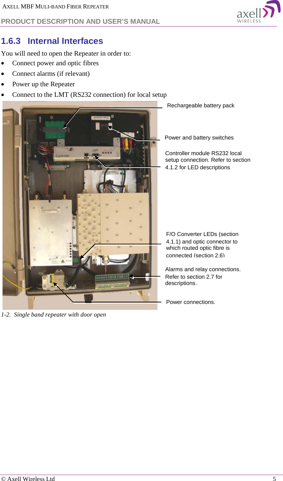  AXELL MBF MULI-BAND FIBER REPEATER PRODUCT DESCRIPTION AND USER’S MANUAL   © Axell Wireless Ltd    5 1.6.3  Internal Interfaces You will need to open the Repeater in order to: • Connect power and optic fibres • Connect alarms (if relevant) • Power up the Repeater • Connect to the LMT (RS232 connection) for local setup   1-2.  Single band repeater with door open    Controller module RS232 local setup connection. Refer to section  4.1.2 for LED descriptions Alarms and relay connections. Refer to section  2.7 for descriptions. F/O Converter LEDs (section  4.1.1) and optic connector to which routed optic fibre is connected (section  2.6)  Power connections. Controller module RS232 local setup connection. Refer to section  4.1.2 for LED descriptions Rechargeable battery pack Power and battery switches 