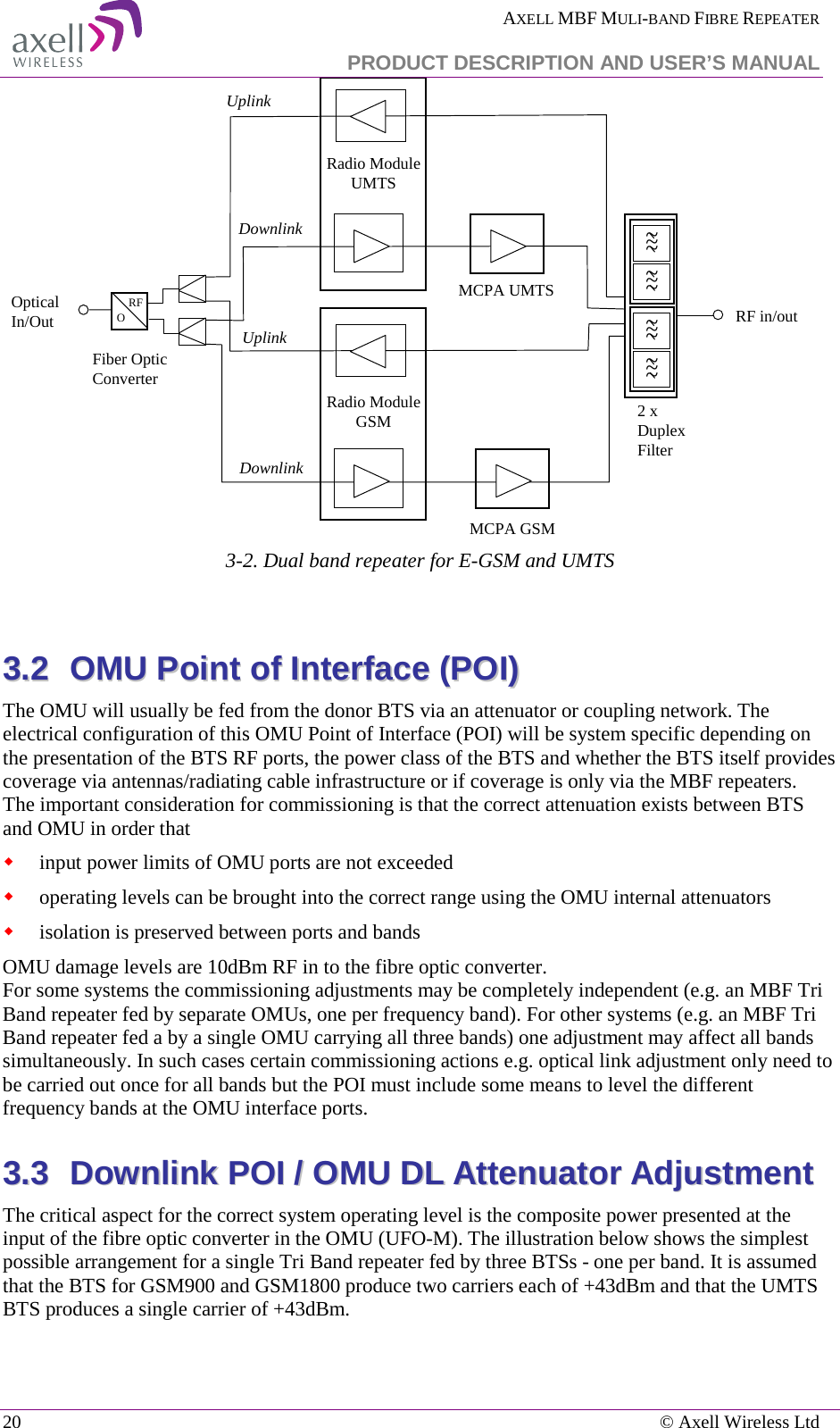  AXELL MBF MULI-BAND FIBRE REPEATER   PRODUCT DESCRIPTION AND USER’S MANUAL 20    © Axell Wireless Ltd   3-2. Dual band repeater for E-GSM and UMTS  33..22  OOMMUU  PPooiinntt  ooff  IInntteerrffaaccee  ((PPOOII))  The OMU will usually be fed from the donor BTS via an attenuator or coupling network. The electrical configuration of this OMU Point of Interface (POI) will be system specific depending on the presentation of the BTS RF ports, the power class of the BTS and whether the BTS itself provides coverage via antennas/radiating cable infrastructure or if coverage is only via the MBF repeaters.  The important consideration for commissioning is that the correct attenuation exists between BTS and OMU in order that   input power limits of OMU ports are not exceeded  operating levels can be brought into the correct range using the OMU internal attenuators  isolation is preserved between ports and bands  OMU damage levels are 10dBm RF in to the fibre optic converter. For some systems the commissioning adjustments may be completely independent (e.g. an MBF Tri Band repeater fed by separate OMUs, one per frequency band). For other systems (e.g. an MBF Tri Band repeater fed a by a single OMU carrying all three bands) one adjustment may affect all bands simultaneously. In such cases certain commissioning actions e.g. optical link adjustment only need to be carried out once for all bands but the POI must include some means to level the different frequency bands at the OMU interface ports.  33..33  DDoowwnnlliinnkk  PPOOII  //  OOMMUU  DDLL  AAtttteennuuaattoorr  AAddjjuussttmmeenntt  The critical aspect for the correct system operating level is the composite power presented at the input of the fibre optic converter in the OMU (UFO-M). The illustration below shows the simplest possible arrangement for a single Tri Band repeater fed by three BTSs - one per band. It is assumed that the BTS for GSM900 and GSM1800 produce two carriers each of +43dBm and that the UMTS BTS produces a single carrier of +43dBm.  MCPA UMTS2 x Duplex FilterRFOOpticalIn/OutDownlinkUplinkRF in/outFiber OpticConverterRadio Module UMTSRadio Module GSMMCPA GSMDownlinkUplink~~~~~~~~~~~~~~~~~~~~~~~~