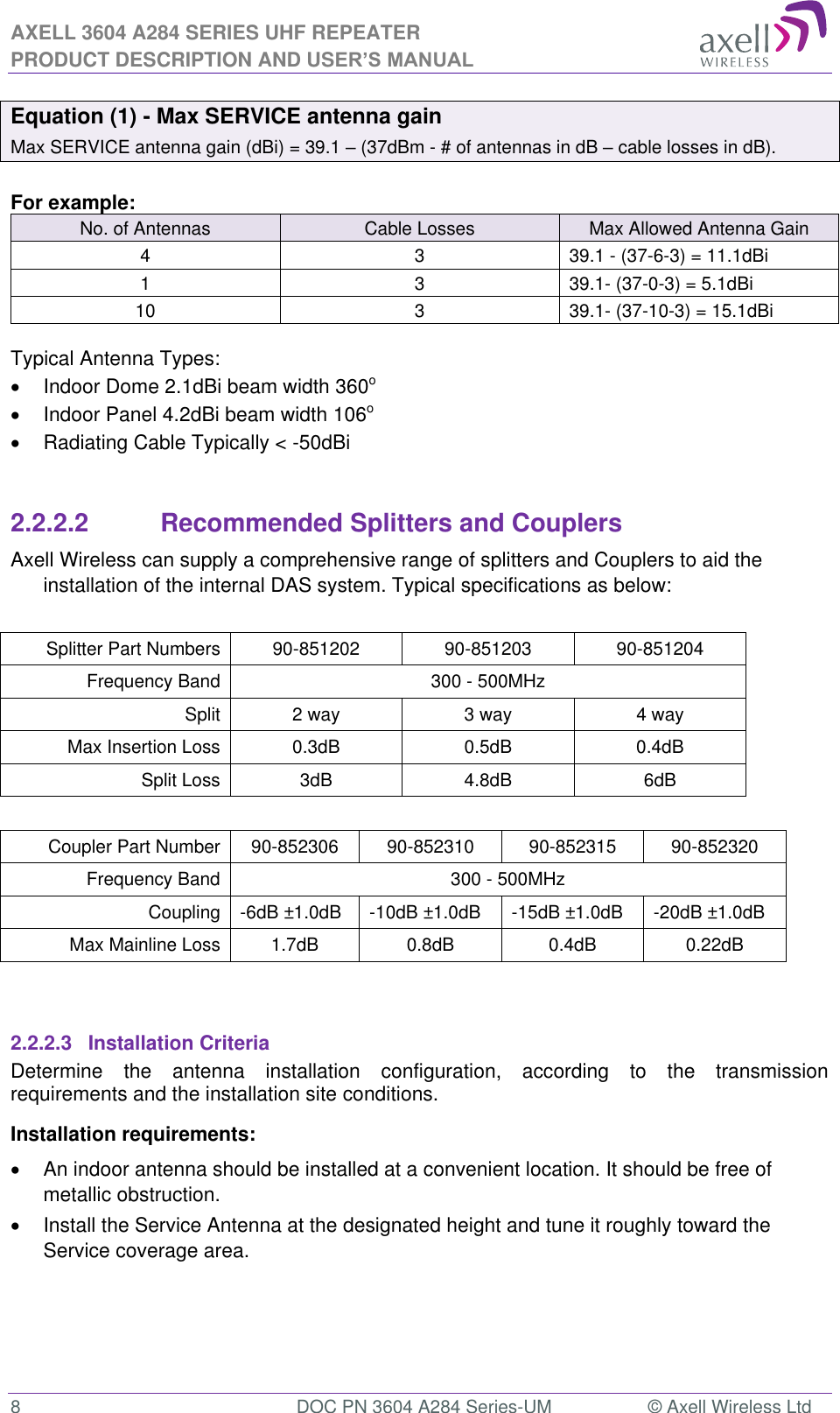 AXELL 3604 A284 SERIES UHF REPEATER PRODUCT DESCRIPTION AND USER’S MANUAL  8  DOC PN 3604 A284 Series-UM  © Axell Wireless Ltd  Equation (1) - Max SERVICE antenna gain Max SERVICE antenna gain (dBi) = 39.1  (37dBm - # of antennas in dB  cable losses in dB).  For example: No. of Antennas Cable Losses Max Allowed Antenna Gain 4 3 39.1 - (37-6-3) = 11.1dBi 1 3 39.1- (37-0-3) = 5.1dBi 10 3 39.1- (37-10-3) = 15.1dBi  Typical Antenna Types:  Indoor Dome 2.1dBi beam width 360o  Indoor Panel 4.2dBi beam width 106o   Radiating Cable Typically &lt; -50dBi   2.2.2.2           Recommended Splitters and Couplers Axell Wireless can supply a comprehensive range of splitters and Couplers to aid the installation of the internal DAS system. Typical specifications as below:  Splitter Part Numbers 90-851202 90-851203 90-851204 Frequency Band 300 - 500MHz Split 2 way 3 way 4 way Max Insertion Loss 0.3dB 0.5dB 0.4dB Split Loss 3dB 4.8dB 6dB  Coupler Part Number 90-852306 90-852310 90-852315 90-852320 Frequency Band  300 - 500MHz Coupling -6dB ±1.0dB -10dB ±1.0dB -15dB ±1.0dB -20dB ±1.0dB Max Mainline Loss 1.7dB 0.8dB 0.4dB 0.22dB   2.2.2.3 Installation Criteria Determine  the  antenna  installation  configuration,  according  to  the  transmission requirements and the installation site conditions. Installation requirements:   An indoor antenna should be installed at a convenient location. It should be free of metallic obstruction.   Install the Service Antenna at the designated height and tune it roughly toward the Service coverage area.   