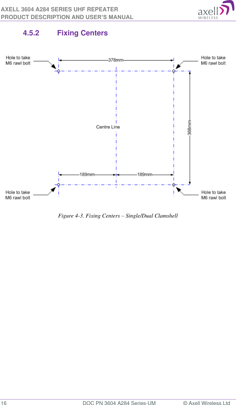 AXELL 3604 A284 SERIES UHF REPEATER PRODUCT DESCRIPTION AND USER’S MANUAL  16  DOC PN 3604 A284 Series-UM  © Axell Wireless Ltd  4.5.2  Fixing Centers    Figure 4-3. Fixing Centers – Single/Dual Clamshell                         