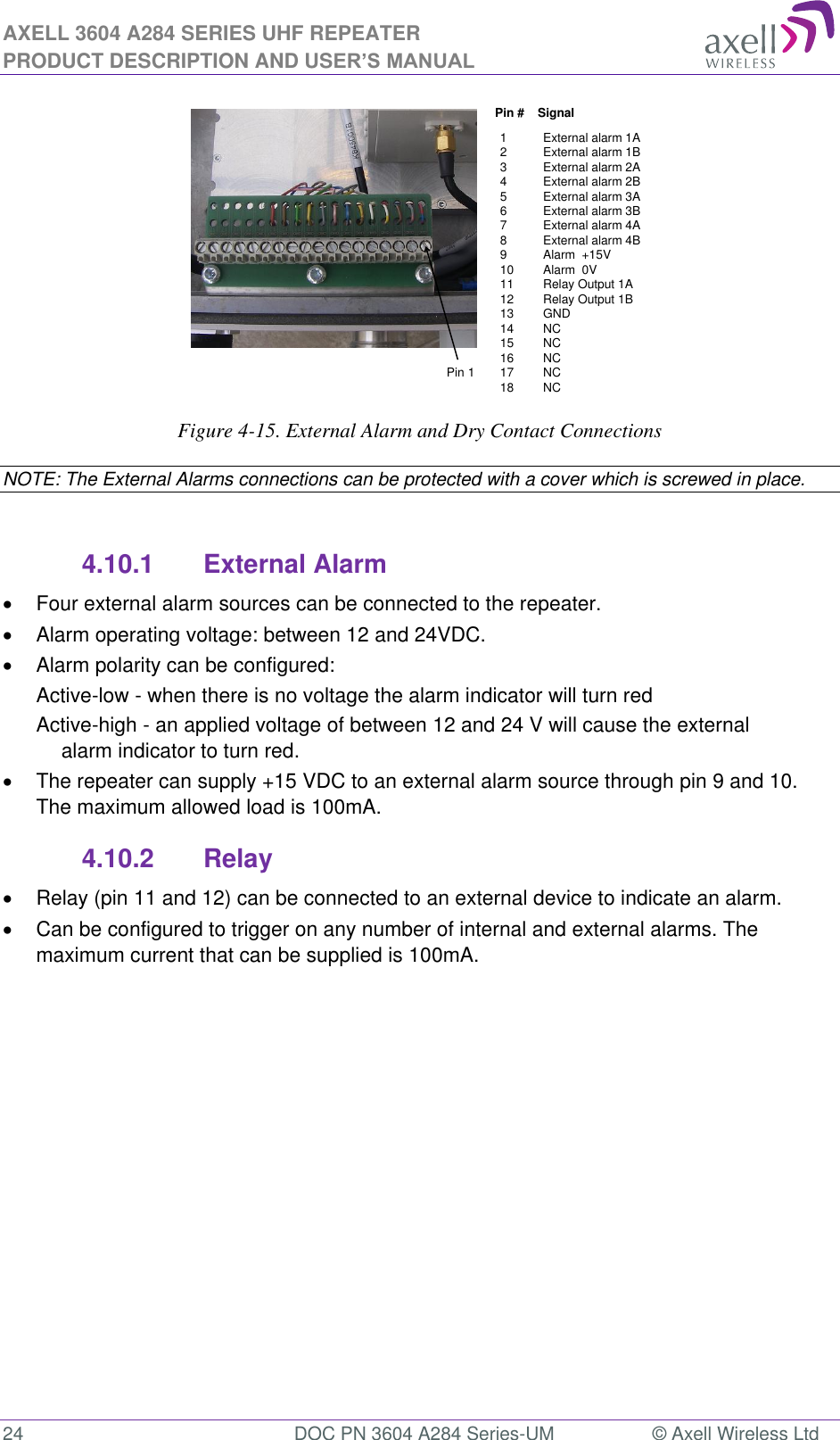 AXELL 3604 A284 SERIES UHF REPEATER PRODUCT DESCRIPTION AND USER’S MANUAL  24  DOC PN 3604 A284 Series-UM  © Axell Wireless Ltd   Figure 4-15. External Alarm and Dry Contact Connections NOTE: The External Alarms connections can be protected with a cover which is screwed in place.  4.10.1  External Alarm    Four external alarm sources can be connected to the repeater.   Alarm operating voltage: between 12 and 24VDC.    Alarm polarity can be configured:  Active-low - when there is no voltage the alarm indicator will turn red Active-high - an applied voltage of between 12 and 24 V will cause the external alarm indicator to turn red.  The repeater can supply +15 VDC to an external alarm source through pin 9 and 10. The maximum allowed load is 100mA. 4.10.2  Relay   Relay (pin 11 and 12) can be connected to an external device to indicate an alarm.    Can be configured to trigger on any number of internal and external alarms. The maximum current that can be supplied is 100mA.                1 External alarm 1A 2 External alarm 1B3 External alarm 2A 4 External alarm 2B 5 External alarm 3A 6 External alarm 3B 7 External alarm 4A 8 External alarm 4B 9 Alarm  +15V 10 Alarm  0V 11 Relay Output 1A  12 Relay Output 1B13 GND14 NC15 NC16 NC17 NC18 NCPin #    SignalPin 1