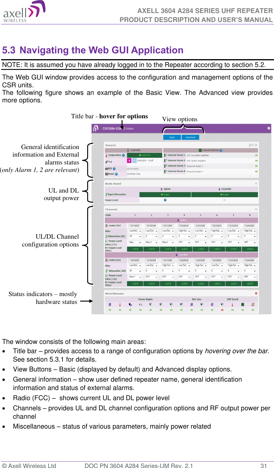 AXELL 3604 A284 SERIES UHF REPEATER PRODUCT DESCRIPTION AND USER’S MANUAL  © Axell Wireless Ltd  DOC PN 3604 A284 Series-UM Rev. 2.1  31  5.3 Navigating the Web GUI Application NOTE: It is assumed you have already logged in to the Repeater according to section 5.2. The Web GUI window provides access to the configuration and management options of the CSR units.  The  following  figure  shows  an  example  of  the  Basic  View.  The  Advanced  view  provides more options.                   The window consists of the following main areas:   Title bar  provides access to a range of configuration options by hovering over the bar.  See section 5.3.1 for details.   View Buttons  Basic (displayed by default) and Advanced display options.    General information  show user defined repeater name, general identification information and status of external alarms.   Radio (FCC)   shows current UL and DL power level   Channels  provides UL and DL channel configuration options and RF output power per channel   Miscellaneous  status of various parameters, mainly power related    View options Title bar - hover for options UL/DL Channel configuration options General identification information and External alarms status  (only Alarm 1, 2 are relevant) UL and DL output power Status indicators – mostly hardware status 