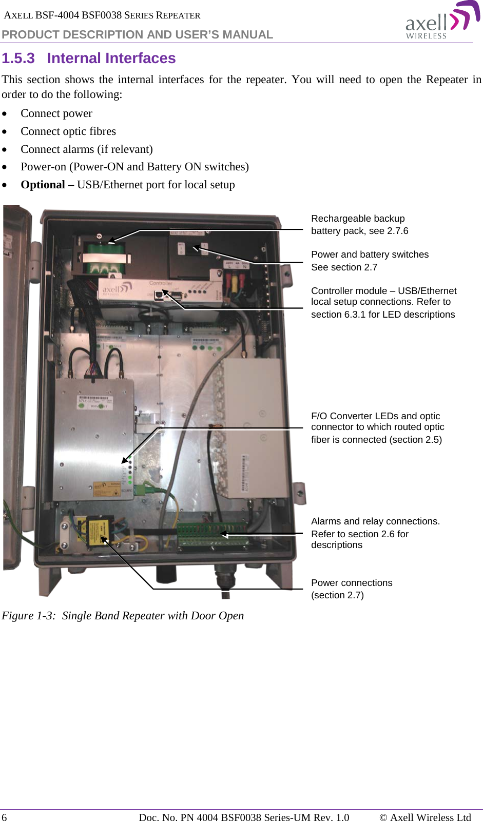  AXELL BSF-4004 BSF0038 SERIES REPEATER PRODUCT DESCRIPTION AND USER’S MANUAL 1.5.3 Internal Interfaces This section shows the internal interfaces for the repeater. You will need to open the Repeater in order to do the following: • Connect power • Connect optic fibres • Connect alarms (if relevant) • Power-on (Power-ON and Battery ON switches) • Optional – USB/Ethernet port for local setup  Figure  1-3:  Single Band Repeater with Door Open  Alarms and relay connections. Refer to section 2.6 for descriptions F/O Converter LEDs and optic connector to which routed optic fiber is connected (section 2.5) Power connections (section 2.7) Controller module – USB/Ethernet local setup connections. Refer to section 6.3.1 for LED descriptions Rechargeable backup battery pack, see 2.7.6 Power and battery switches See section 2.7 6  Doc. No. PN 4004 BSF0038 Series-UM Rev. 1.0  © Axell Wireless Ltd 