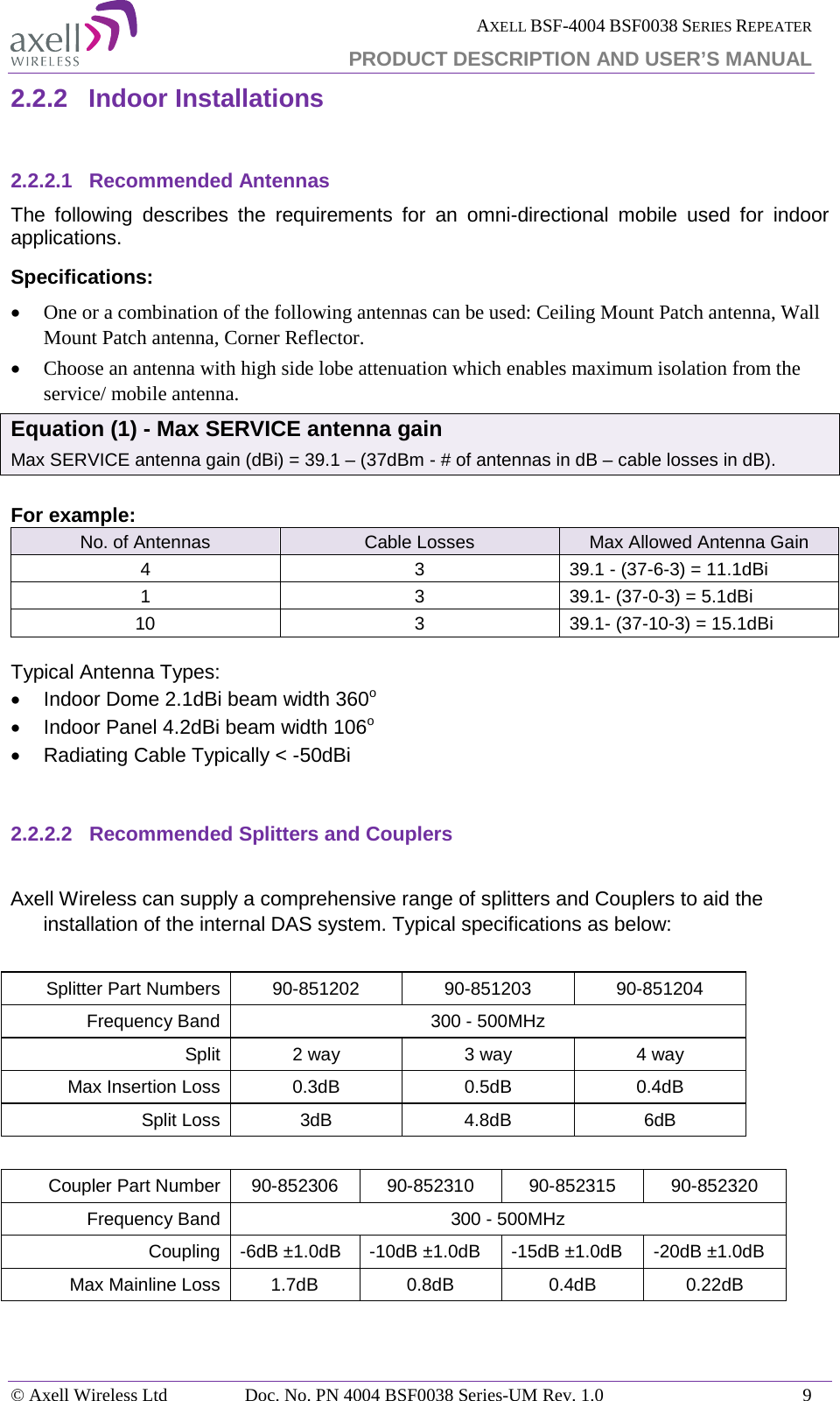  AXELL BSF-4004 BSF0038 SERIES REPEATER PRODUCT DESCRIPTION AND USER’S MANUAL  2.2.2 Indoor Installations  2.2.2.1 Recommended Antennas The following describes the requirements for an omni-directional mobile used for indoor applications. Specifications: • One or a combination of the following antennas can be used: Ceiling Mount Patch antenna, Wall Mount Patch antenna, Corner Reflector. • Choose an antenna with high side lobe attenuation which enables maximum isolation from the service/ mobile antenna. Equation (1) - Max SERVICE antenna gain Max SERVICE antenna gain (dBi) = 39.1 – (37dBm - # of antennas in dB – cable losses in dB).  For example: No. of Antennas Cable Losses Max Allowed Antenna Gain 4 3 39.1 - (37-6-3) = 11.1dBi 1 3 39.1- (37-0-3) = 5.1dBi 10 3 39.1- (37-10-3) = 15.1dBi  Typical Antenna Types: • Indoor Dome 2.1dBi beam width 360o • Indoor Panel 4.2dBi beam width 106o • Radiating Cable Typically &lt; -50dBi   2.2.2.2 Recommended Splitters and Couplers  Axell Wireless can supply a comprehensive range of splitters and Couplers to aid the installation of the internal DAS system. Typical specifications as below:  Splitter Part Numbers 90-851202 90-851203 90-851204 Frequency Band 300 - 500MHz Split 2 way 3 way 4 way Max Insertion Loss 0.3dB 0.5dB 0.4dB Split Loss 3dB 4.8dB 6dB  Coupler Part Number 90-852306 90-852310 90-852315 90-852320 Frequency Band  300 - 500MHz Coupling  -6dB ±1.0dB  -10dB ±1.0dB  -15dB ±1.0dB  -20dB ±1.0dB Max Mainline Loss 1.7dB 0.8dB 0.4dB 0.22dB  © Axell Wireless Ltd Doc. No. PN 4004 BSF0038 Series-UM Rev. 1.0  9 