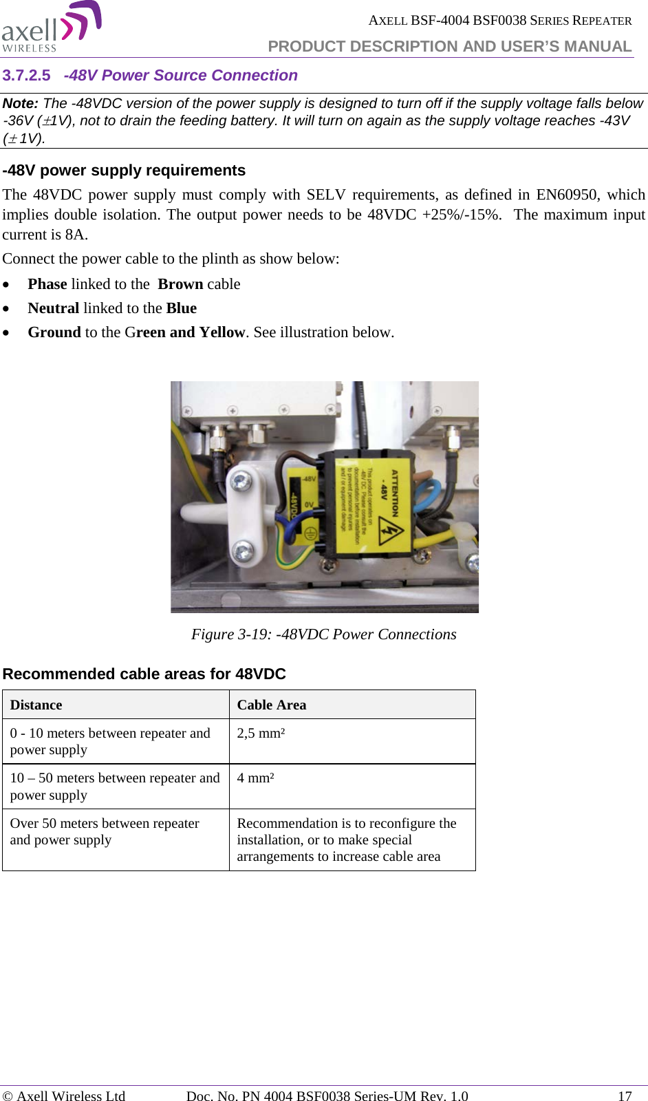  AXELL BSF-4004 BSF0038 SERIES REPEATER PRODUCT DESCRIPTION AND USER’S MANUAL  3.7.2.5 -48V Power Source Connection Note: The -48VDC version of the power supply is designed to turn off if the supply voltage falls below -36V (±1V), not to drain the feeding battery. It will turn on again as the supply voltage reaches -43V (± 1V). -48V power supply requirements The 48VDC power supply must comply with SELV requirements, as defined in EN60950, which implies double isolation. The output power needs to be 48VDC +25%/-15%.  The maximum input current is 8A. Connect the power cable to the plinth as show below: • Phase linked to the  Brown cable • Neutral linked to the Blue • Ground to the Green and Yellow. See illustration below.   Figure  3-19: -48VDC Power Connections Recommended cable areas for 48VDC Distance Cable Area 0 - 10 meters between repeater and power supply 2,5 mm² 10 – 50 meters between repeater and power supply 4 mm² Over 50 meters between repeater and power supply Recommendation is to reconfigure the installation, or to make special arrangements to increase cable area     © Axell Wireless Ltd Doc. No. PN 4004 BSF0038 Series-UM Rev. 1.0 17 