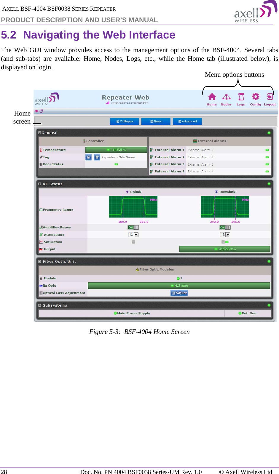  AXELL BSF-4004 BSF0038 SERIES REPEATER PRODUCT DESCRIPTION AND USER’S MANUAL 5.2 Navigating the Web Interface The Web GUI window provides access to the management options of the BSF-4004. Several tabs (and sub-tabs) are available: Home, Nodes, Logs, etc., while the Home tab (illustrated below), is displayed on login.   Figure  5-3:  BSF-4004 Home Screen    Menu options buttons Home screen  28 Doc. No. PN 4004 BSF0038 Series-UM Rev. 1.0  © Axell Wireless Ltd 