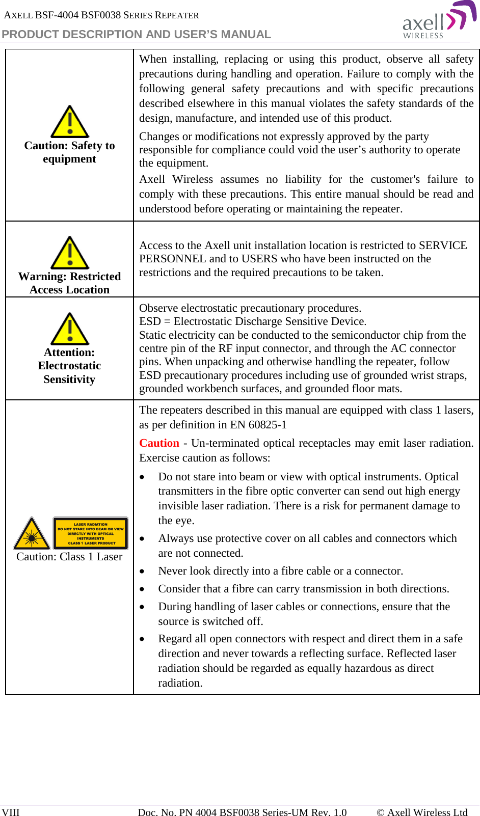  AXELL BSF-4004 BSF0038 SERIES REPEATER PRODUCT DESCRIPTION AND USER’S MANUAL  Caution: Safety to equipment When installing, replacing or using this product, observe all safety precautions during handling and operation. Failure to comply with the following general safety precautions and with specific precautions described elsewhere in this manual violates the safety standards of the design, manufacture, and intended use of this product.  Changes or modifications not expressly approved by the party responsible for compliance could void the user’s authority to operate the equipment. Axell Wireless assumes no liability for the customer&apos;s failure to comply with these precautions. This entire manual should be read and understood before operating or maintaining the repeater.   Warning: Restricted Access Location Access to the Axell unit installation location is restricted to SERVICE PERSONNEL and to USERS who have been instructed on the restrictions and the required precautions to be taken.   Attention: Electrostatic Sensitivity  Observe electrostatic precautionary procedures. ESD = Electrostatic Discharge Sensitive Device.  Static electricity can be conducted to the semiconductor chip from the centre pin of the RF input connector, and through the AC connector pins. When unpacking and otherwise handling the repeater, follow ESD precautionary procedures including use of grounded wrist straps, grounded workbench surfaces, and grounded floor mats.  Caution: Class 1 Laser  The repeaters described in this manual are equipped with class 1 lasers, as per definition in EN 60825-1 Caution - Un-terminated optical receptacles may emit laser radiation. Exercise caution as follows: • Do not stare into beam or view with optical instruments. Optical transmitters in the fibre optic converter can send out high energy invisible laser radiation. There is a risk for permanent damage to the eye.   • Always use protective cover on all cables and connectors which are not connected.  • Never look directly into a fibre cable or a connector.  • Consider that a fibre can carry transmission in both directions.  • During handling of laser cables or connections, ensure that the source is switched off.  • Regard all open connectors with respect and direct them in a safe direction and never towards a reflecting surface. Reflected laser radiation should be regarded as equally hazardous as direct radiation.      VIII Doc. No. PN 4004 BSF0038 Series-UM Rev. 1.0 © Axell Wireless Ltd 