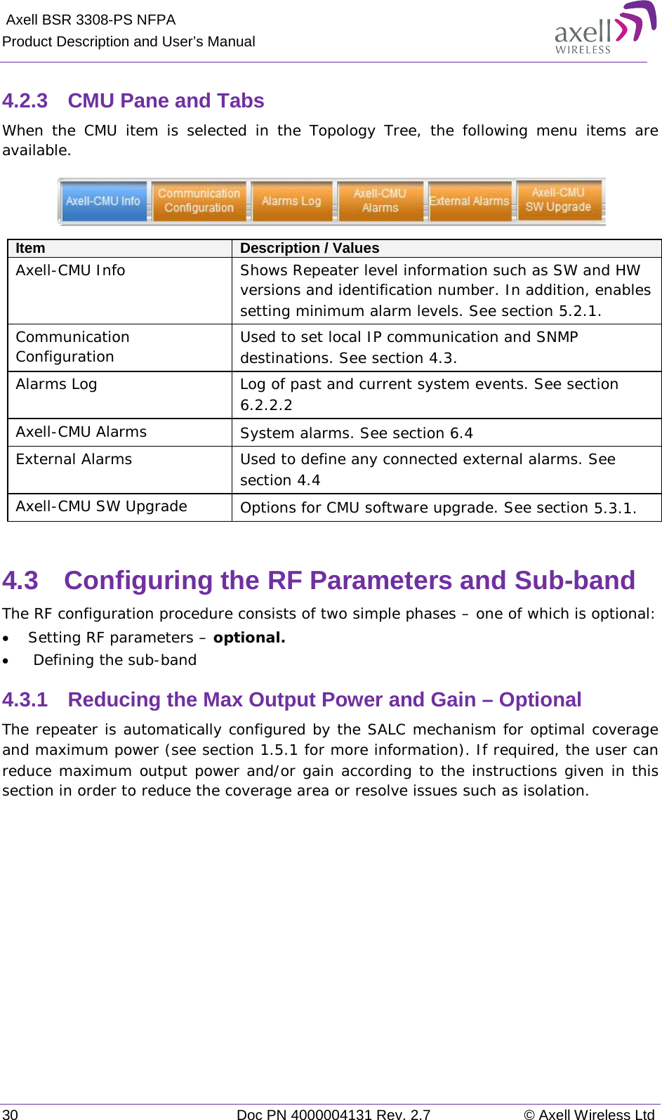  Axell BSR 3308-PS NFPA Product Description and User’s Manual 30 Doc PN 4000004131 Rev. 2.7 © Axell Wireless Ltd  4.2.3  CMU Pane and Tabs When the CMU item is selected in the Topology Tree, the following menu items are available.   Item Description / Values Axell-CMU Info Shows Repeater level information such as SW and HW versions and identification number. In addition, enables setting minimum alarm levels. See section  5.2.1. Communication Configuration Used to set local IP communication and SNMP destinations. See section  4.3. Alarms Log Log of past and current system events. See section  6.2.2.2 Axell-CMU Alarms System alarms. See section  6.4 External Alarms Used to define any connected external alarms. See section  4.4 Axell-CMU SW Upgrade Options for CMU software upgrade. See section  5.3.1.  4.3  Configuring the RF Parameters and Sub-band The RF configuration procedure consists of two simple phases – one of which is optional: • Setting RF parameters – optional.  •  Defining the sub-band 4.3.1  Reducing the Max Output Power and Gain – Optional The repeater is automatically configured by the SALC mechanism for optimal coverage and maximum power (see section  1.5.1 for more information). If required, the user can reduce maximum output power and/or gain according to the instructions given in this section in order to reduce the coverage area or resolve issues such as isolation.   