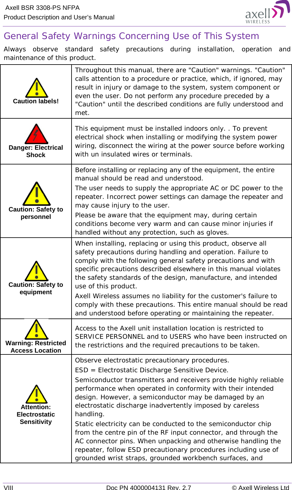  Axell BSR 3308-PS NFPA Product Description and User’s Manual VIII Doc PN 4000004131 Rev. 2.7 © Axell Wireless Ltd  General Safety Warnings Concerning Use of This System Always observe standard safety precautions during installation, operation and maintenance of this product.  Caution labels! Throughout this manual, there are &quot;Caution&quot; warnings. &quot;Caution&quot; calls attention to a procedure or practice, which, if ignored, may result in injury or damage to the system, system component or even the user. Do not perform any procedure preceded by a &quot;Caution&quot; until the described conditions are fully understood and met.   Danger: Electrical Shock This equipment must be installed indoors only. . To prevent electrical shock when installing or modifying the system power wiring, disconnect the wiring at the power source before working with un insulated wires or terminals.  Caution: Safety to personnel Before installing or replacing any of the equipment, the entire manual should be read and understood. The user needs to supply the appropriate AC or DC power to the repeater. Incorrect power settings can damage the repeater and may cause injury to the user. Please be aware that the equipment may, during certain conditions become very warm and can cause minor injuries if handled without any protection, such as gloves.  Caution: Safety to equipment When installing, replacing or using this product, observe all safety precautions during handling and operation. Failure to comply with the following general safety precautions and with specific precautions described elsewhere in this manual violates the safety standards of the design, manufacture, and intended use of this product.  Axell Wireless assumes no liability for the customer&apos;s failure to comply with these precautions. This entire manual should be read and understood before operating or maintaining the repeater.  Warning: Restricted Access Location Access to the Axell unit installation location is restricted to SERVICE PERSONNEL and to USERS who have been instructed on the restrictions and the required precautions to be taken.  Attention: Electrostatic Sensitivity  Observe electrostatic precautionary procedures. ESD = Electrostatic Discharge Sensitive Device.  Semiconductor transmitters and receivers provide highly reliable performance when operated in conformity with their intended design. However, a semiconductor may be damaged by an electrostatic discharge inadvertently imposed by careless handling. Static electricity can be conducted to the semiconductor chip from the centre pin of the RF input connector, and through the AC connector pins. When unpacking and otherwise handling the repeater, follow ESD precautionary procedures including use of grounded wrist straps, grounded workbench surfaces, and 