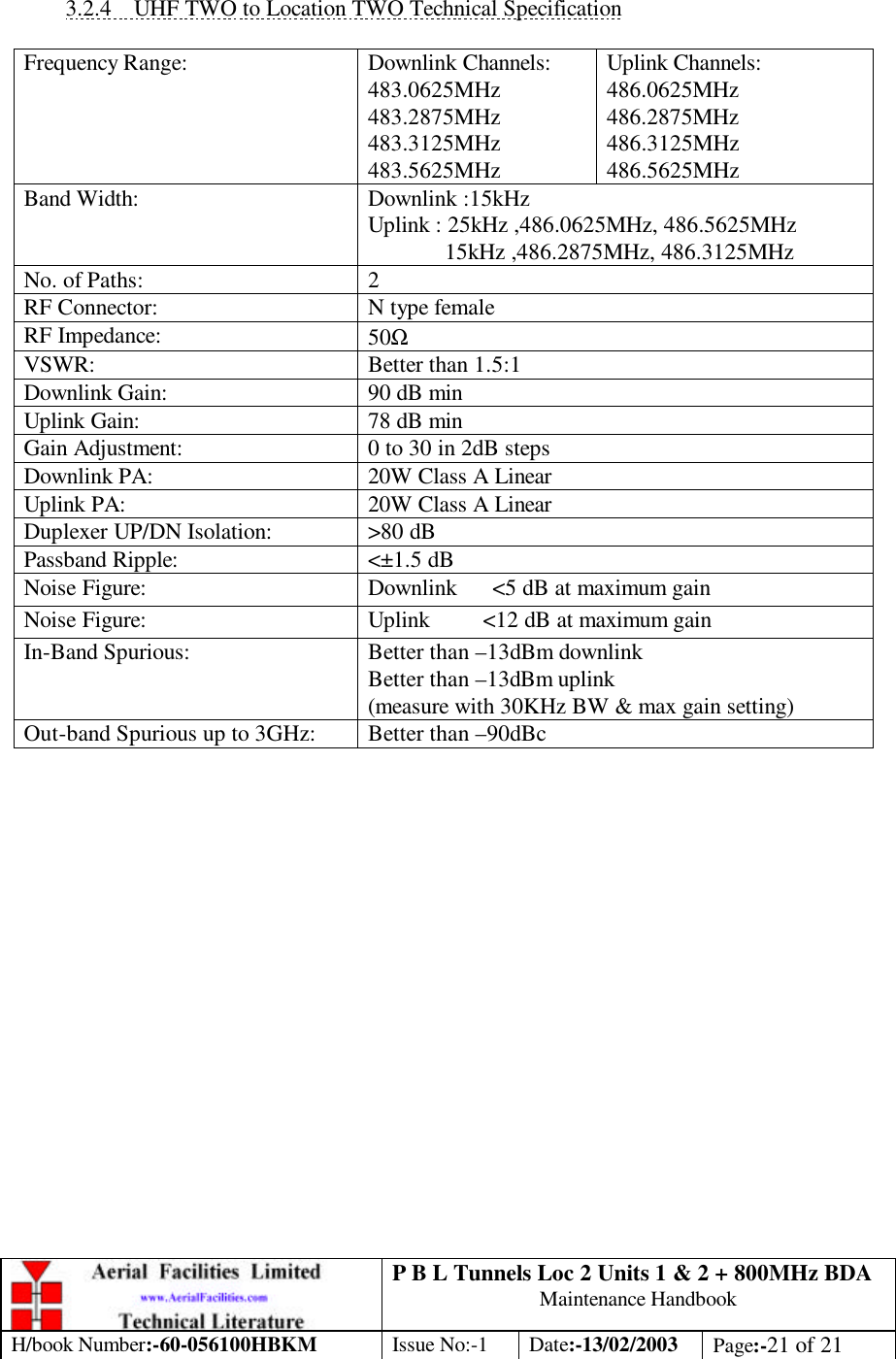 P B L Tunnels Loc 2 Units 1 &amp; 2 + 800MHz BDA Maintenance Handbook H/book Number:-60-056100HBKM Issue No:-1 Date:-13/02/2003 Page:-21 of 21   3.2.4 UHF TWO to Location TWO Technical Specification  Frequency Range: Downlink Channels: 483.0625MHz    483.2875MHz  483.3125MHz 483.5625MHz Uplink Channels: 486.0625MHz 486.2875MHz 486.3125MHz 486.5625MHz Band Width: Downlink :15kHz Uplink : 25kHz ,486.0625MHz, 486.5625MHz              15kHz ,486.2875MHz, 486.3125MHz No. of Paths: 2 RF Connector: N type female RF Impedance: 50Ω VSWR: Better than 1.5:1 Downlink Gain: 90 dB min Uplink Gain: 78 dB min Gain Adjustment: 0 to 30 in 2dB steps  Downlink PA: 20W Class A Linear Uplink PA: 20W Class A Linear Duplexer UP/DN Isolation: &gt;80 dB Passband Ripple: &lt;±1.5 dB Noise Figure: Downlink      &lt;5 dB at maximum gain Noise Figure: Uplink         &lt;12 dB at maximum gain In-Band Spurious: Better than –13dBm downlink Better than –13dBm uplink (measure with 30KHz BW &amp; max gain setting) Out-band Spurious up to 3GHz: Better than –90dBc  