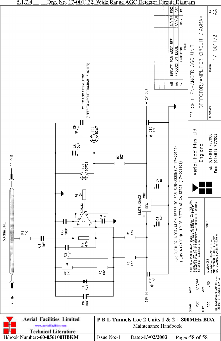 P B L Tunnels Loc 2 Units 1 &amp; 2 + 800MHz BDA Maintenance Handbook H/book Number:-60-056100HBKM Issue No:-1 Date:-13/02/2003 Page:-58 of 58  5.1.7.4 Drg. No. 17-001172, Wide Range AGC Detector Circuit Diagram  