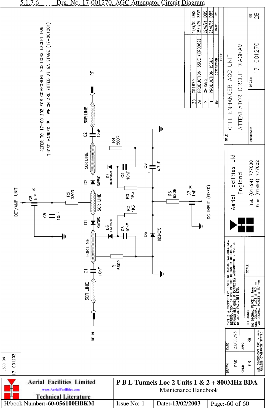 P B L Tunnels Loc 2 Units 1 &amp; 2 + 800MHz BDA Maintenance Handbook H/book Number:-60-056100HBKM Issue No:-1 Date:-13/02/2003 Page:-60 of 60  5.1.7.6 Drg. No. 17-001270, AGC Attenuator Circuit Diagram  