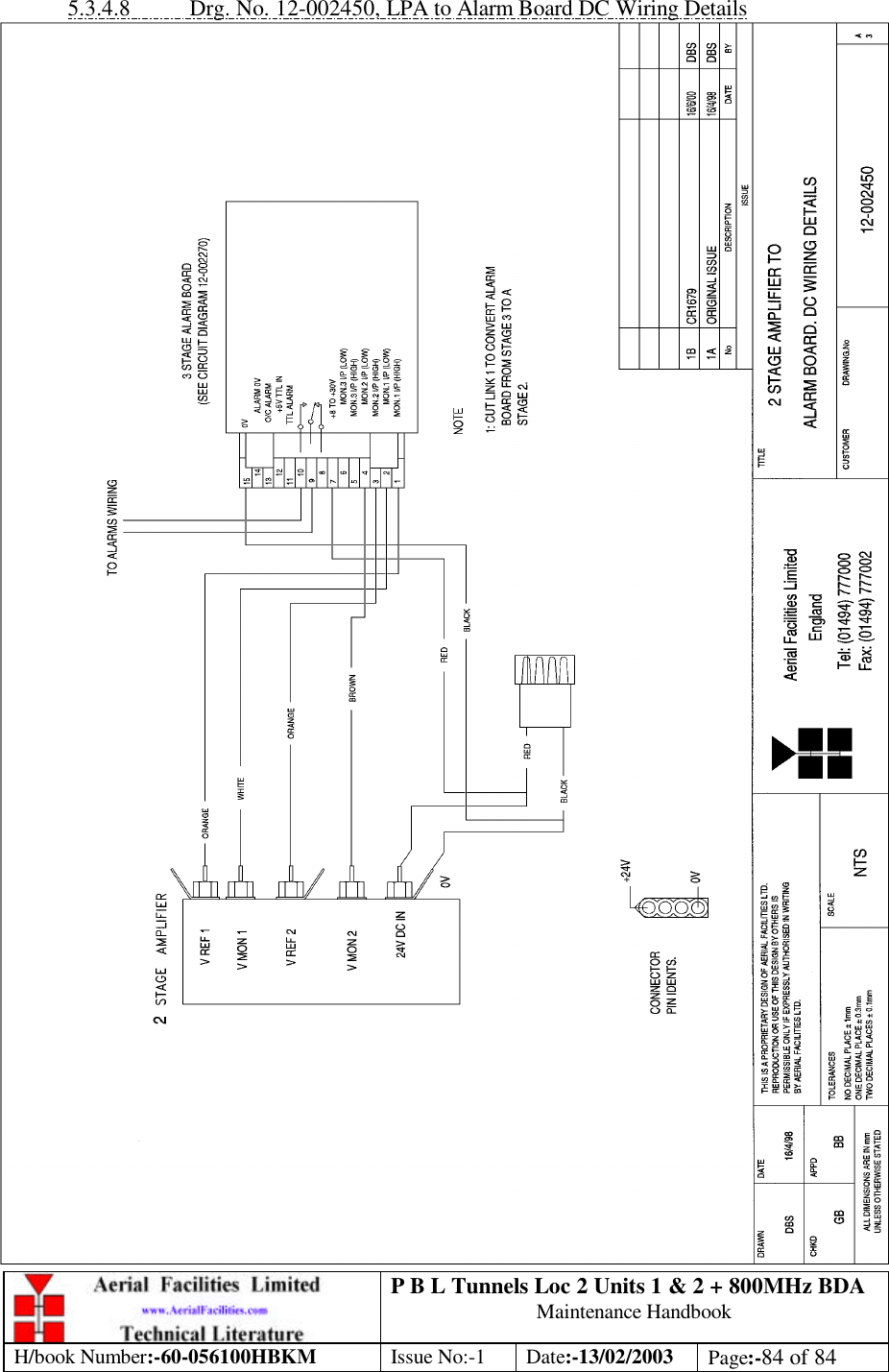 P B L Tunnels Loc 2 Units 1 &amp; 2 + 800MHz BDA Maintenance Handbook H/book Number:-60-056100HBKM Issue No:-1 Date:-13/02/2003 Page:-84 of 84  5.3.4.8 Drg. No. 12-002450, LPA to Alarm Board DC Wiring Details  