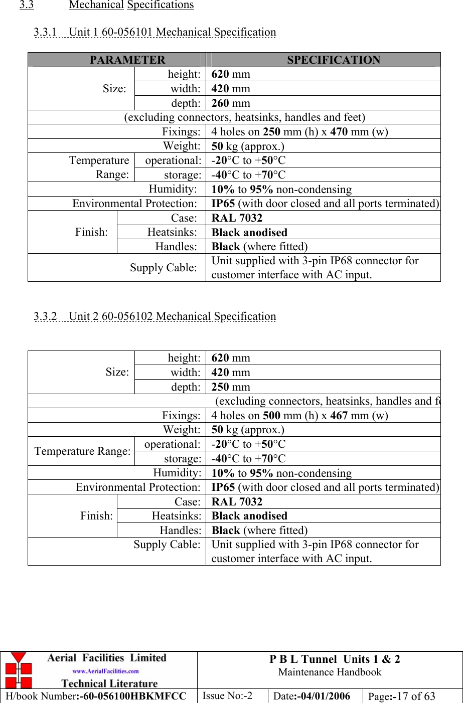 P B L Tunnel  Units 1 &amp; 2 Maintenance Handbook H/book Number:-60-056100HBKMFCC  Issue No:-2  Date:-04/01/2006  Page:-17 of 63   3.3 Mechanical Specifications  3.3.1  Unit 1 60-056101 Mechanical Specification  PARAMETER  SPECIFICATION height: 620 mm width: 420 mm Size: depth: 260 mm (excluding connectors, heatsinks, handles and feet) Fixings: 4 holes on 250 mm (h) x 470 mm (w) Weight: 50 kg (approx.) operational: -20°C to +50°C Temperature Range:  storage: -40°C to +70°C Humidity:  10% to 95% non-condensing Environmental Protection:  IP65 (with door closed and all ports terminated)Case:  RAL 7032 Heatsinks:  Black anodised Finish: Handles:  Black (where fitted) Supply Cable:  Unit supplied with 3-pin IP68 connector for customer interface with AC input.   3.3.2  Unit 2 60-056102 Mechanical Specification   height: 620 mm width: 420 mm Size: depth: 250 mm (excluding connectors, heatsinks, handles and feFixings: 4 holes on 500 mm (h) x 467 mm (w) Weight: 50 kg (approx.) operational: -20°C to +50°C Temperature Range:  storage: -40°C to +70°C Humidity: 10% to 95% non-condensing Environmental Protection: IP65 (with door closed and all ports terminated)Case: RAL 7032 Heatsinks: Black anodised Finish: Handles: Black (where fitted) Supply Cable: Unit supplied with 3-pin IP68 connector for customer interface with AC input.   