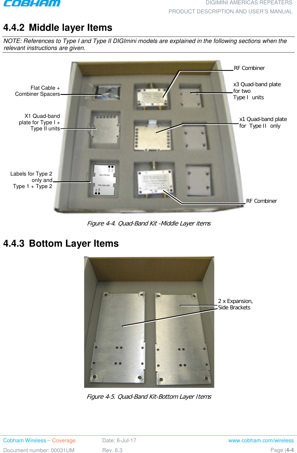  DIGIMINI AMERICAS REPEATERS PRODUCT DESCRIPTION AND USER’S MANUAL Cobham Wireless – Coverage Date: 6-Jul-17 www.cobham.com/wireless Document number: 00031UM Rev. 6.3 Page |4-4  4.4.2  Middle layer Items NOTE: References to Type I and Type II DIGImini models are explained in the following sections when the relevant instructions are given.  Figure  4-4. Quad-Band Kit -Middle Layer items 4.4.3  Bottom Layer Items  Figure  4-5. Quad-Band Kit-Bottom Layer Items    Flat Cable + Combiner Spacers X1 Quad-band plate for Type I + Type II units   Labels for Type 2 only and  Type 1 + Type 2 x3 Quad-band plate for two  Type I  units RF Combiner RF Combiner x1 Quad-band plate for  Type II  only  2 x Expansion,  Side Brackets 