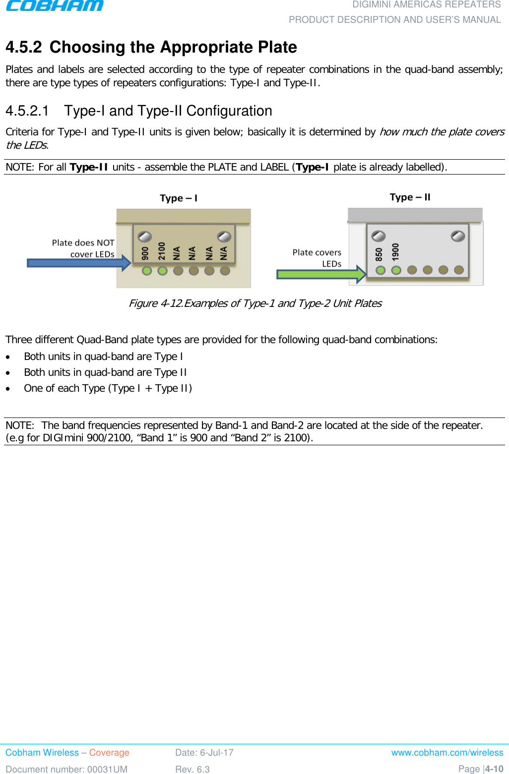  DIGIMINI AMERICAS REPEATERS PRODUCT DESCRIPTION AND USER’S MANUAL Cobham Wireless – Coverage Date: 6-Jul-17 www.cobham.com/wireless Document number: 00031UM Rev. 6.3 Page |4-10  4.5.2  Choosing the Appropriate Plate  Plates and labels are selected according to the type of repeater combinations in the quad-band assembly; there are type types of repeaters configurations: Type-I and Type-II. 4.5.2.1  Type-I and Type-II Configuration Criteria for Type-I and Type-II units is given below; basically it is determined by how much the plate covers the LEDs.   NOTE: For all Type-II units - assemble the PLATE and LABEL (Type-I plate is already labelled).  Figure  4-12.Examples of Type-1 and Type-2 Unit Plates   Three different Quad-Band plate types are provided for the following quad-band combinations: • Both units in quad-band are Type I • Both units in quad-band are Type II • One of each Type (Type I + Type II)  NOTE:  The band frequencies represented by Band-1 and Band-2 are located at the side of the repeater. (e.g for DIGImini 900/2100, “Band 1” is 900 and “Band 2” is 2100).    