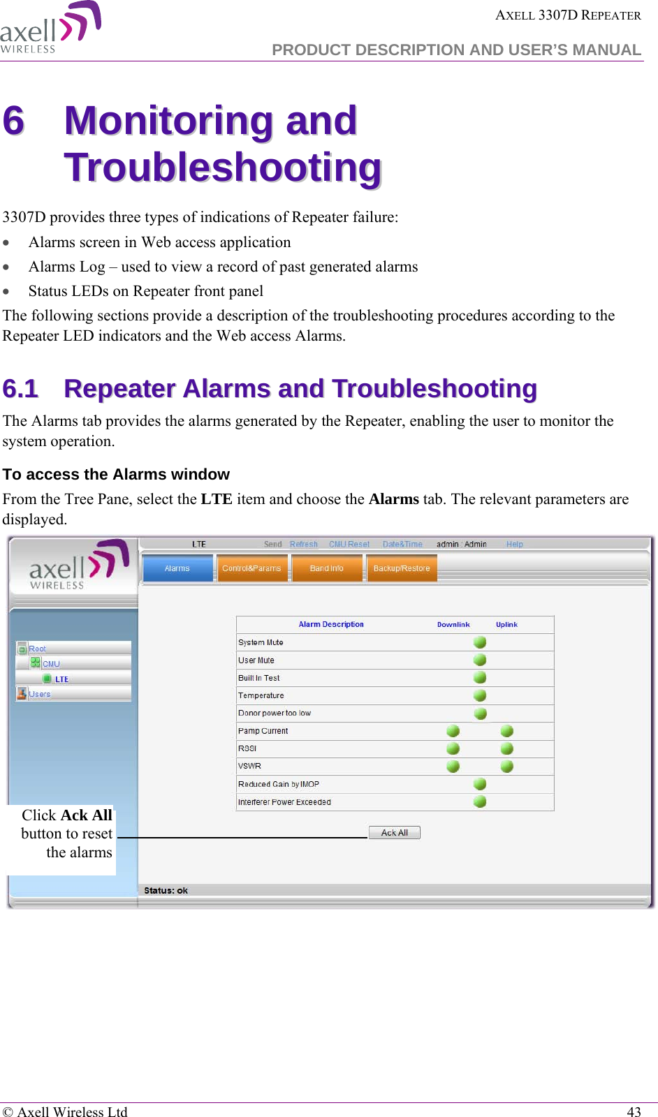  AXELL 3307D REPEATER  PRODUCT DESCRIPTION AND USER’S MANUAL   © Axell Wireless Ltd    43 66  MMoonniittoorriinngg  aanndd  TTrroouubblleesshhoooottiinngg  3307D provides three types of indications of Repeater failure:  • Alarms screen in Web access application  • Alarms Log – used to view a record of past generated alarms  • Status LEDs on Repeater front panel The following sections provide a description of the troubleshooting procedures according to the Repeater LED indicators and the Web access Alarms. 66..11  RReeppeeaatteerr  AAllaarrmmss  aanndd  TTrroouubblleesshhoooottiinngg  The Alarms tab provides the alarms generated by the Repeater, enabling the user to monitor the system operation. To access the Alarms window From the Tree Pane, select the LTE item and choose the Alarms tab. The relevant parameters are displayed.   Click Ack All button to reset the alarms 